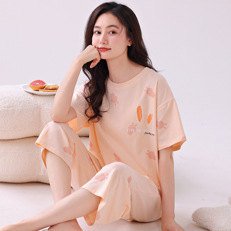 梦之腾睡衣女纯棉夏季短袖七分裤薄款女士家居服套装夏天宽松休闲