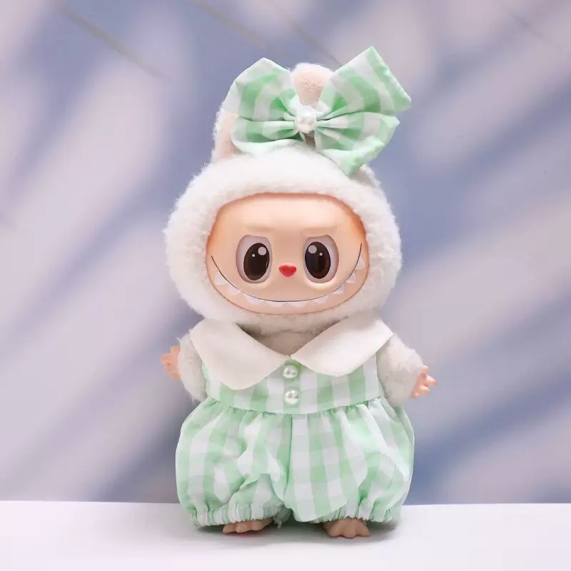 (不含娃)Labubu拉布布娃衣绿格连体裤套装