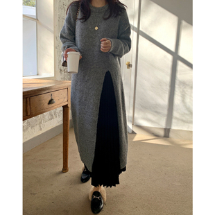 羊绒毛衣裙女慵懒风中长款高开叉套头羊毛针织衫圆领连衣裙