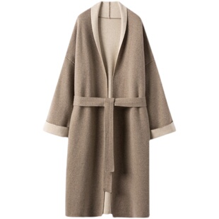 纯山羊绒开衫女四平针织双面羊绒大衣中长款外套腰带针织开衫外套