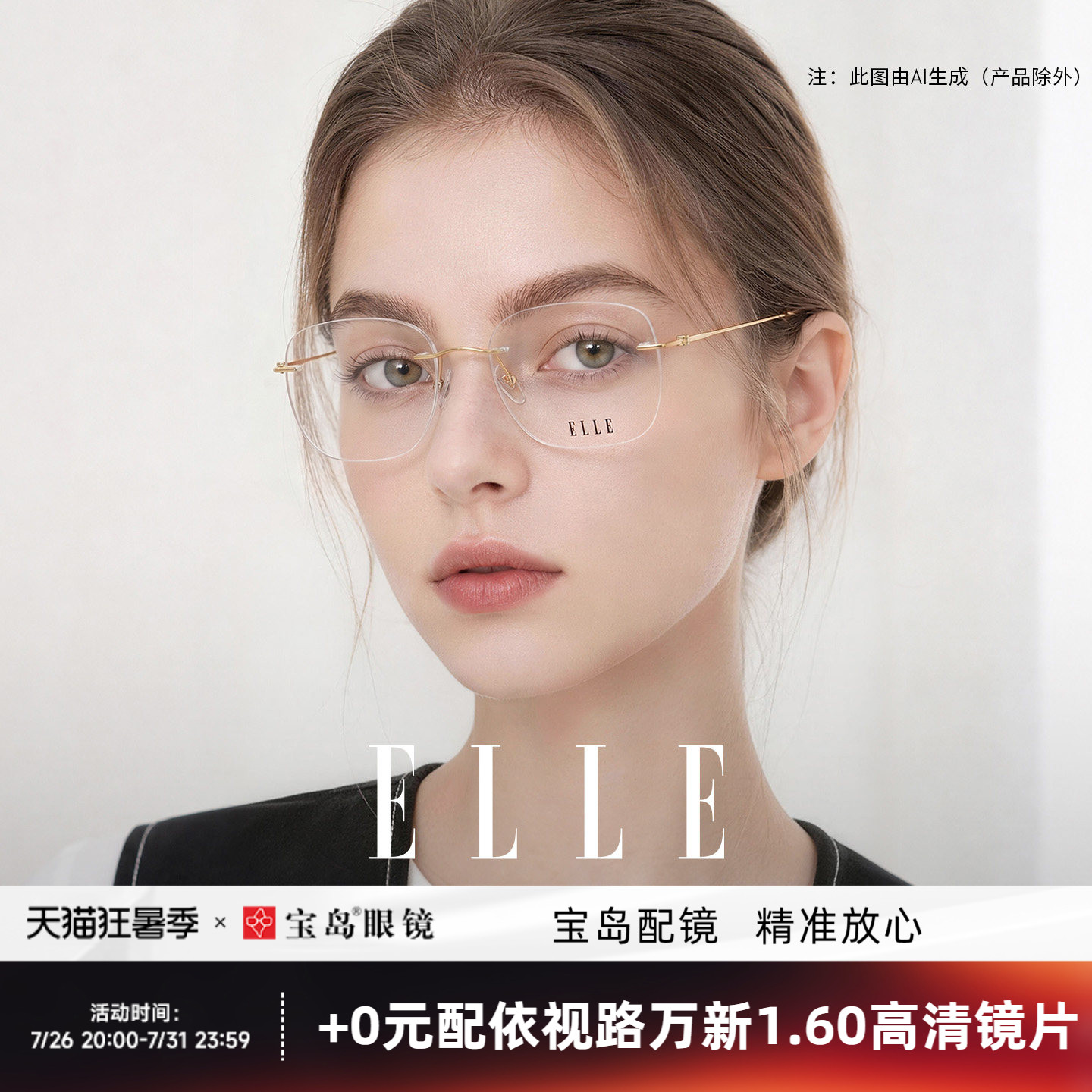ELLE超轻无边框防蓝光眼镜女士近视眼镜专业配镜旗舰店大框1007