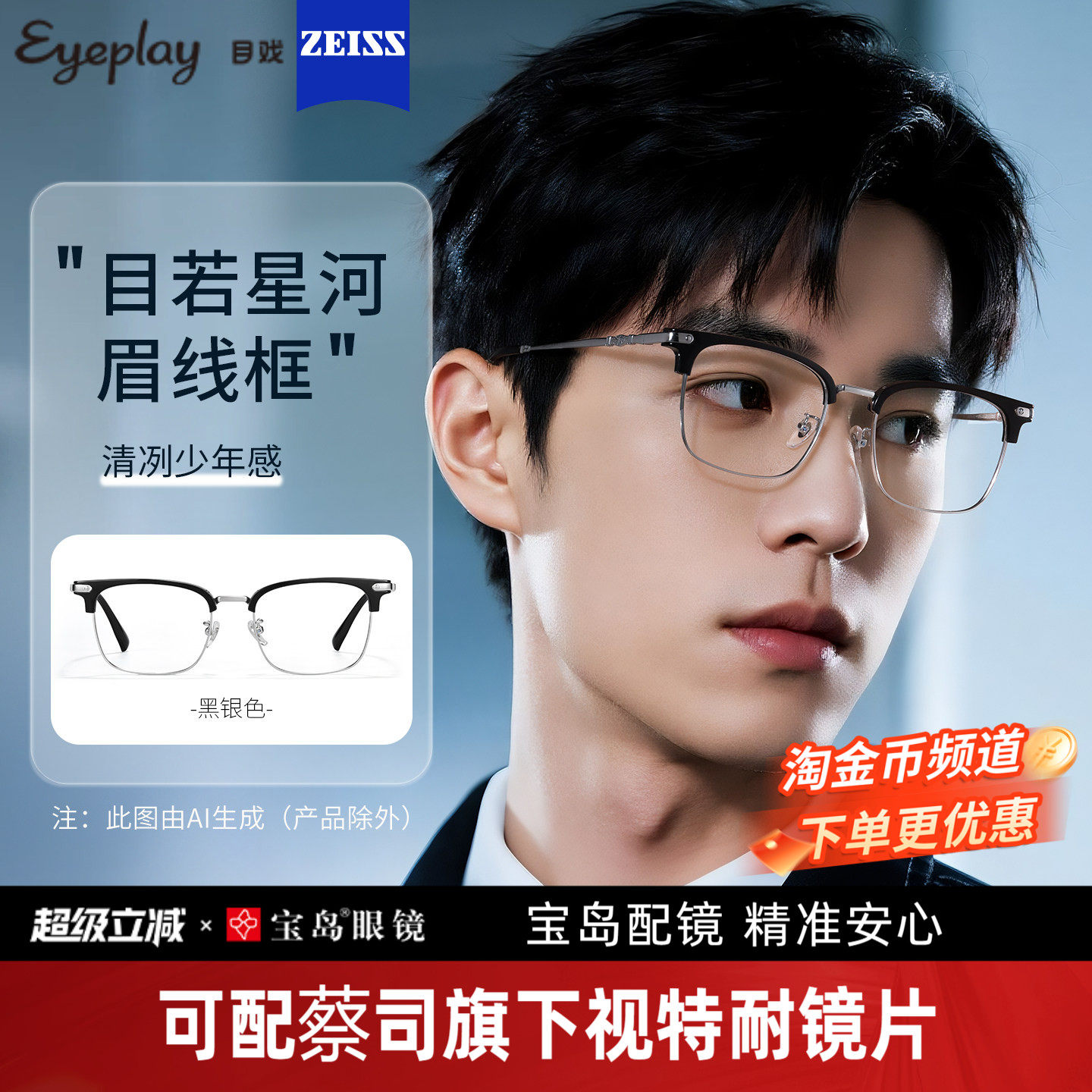 目戏近视眼镜可配蔡司度数可选防蓝光半框配眼镜框镜架男71009