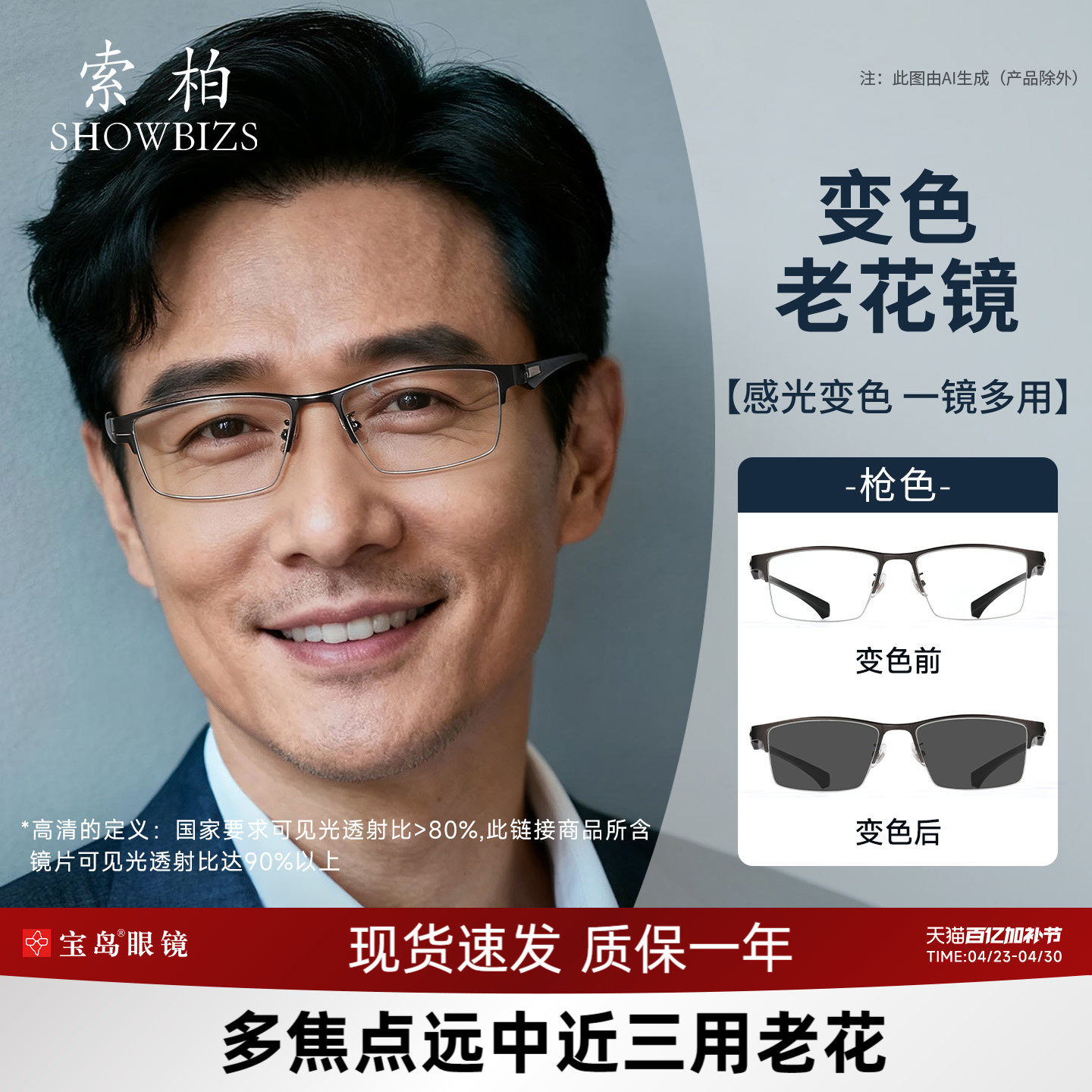 索柏变色老花镜男式分区调节度数远中近三用防蓝光老花眼镜男款