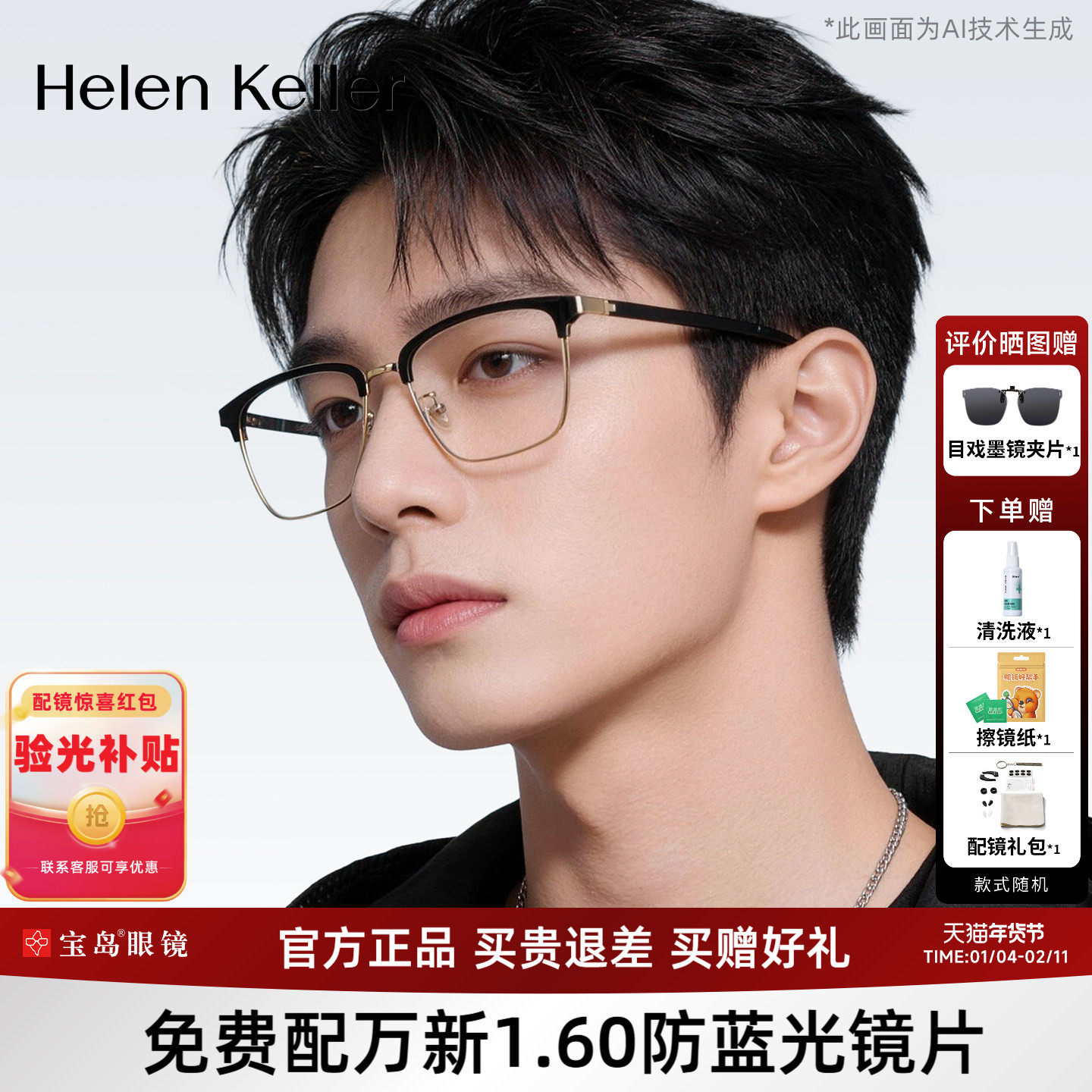 海伦凯勒近视眼镜框男王一博同款商务休闲眉框光学镜架女H26129