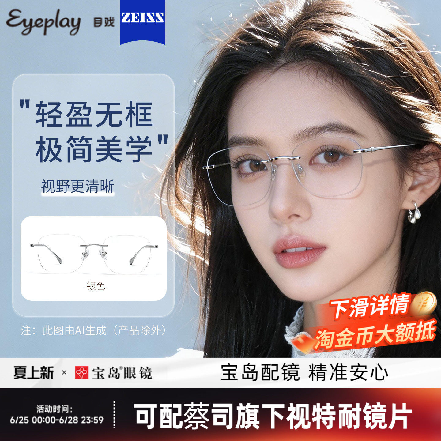 目戏无框眼镜女近视可配度数可选蔡司镜片无边框眼镜框镜架23006