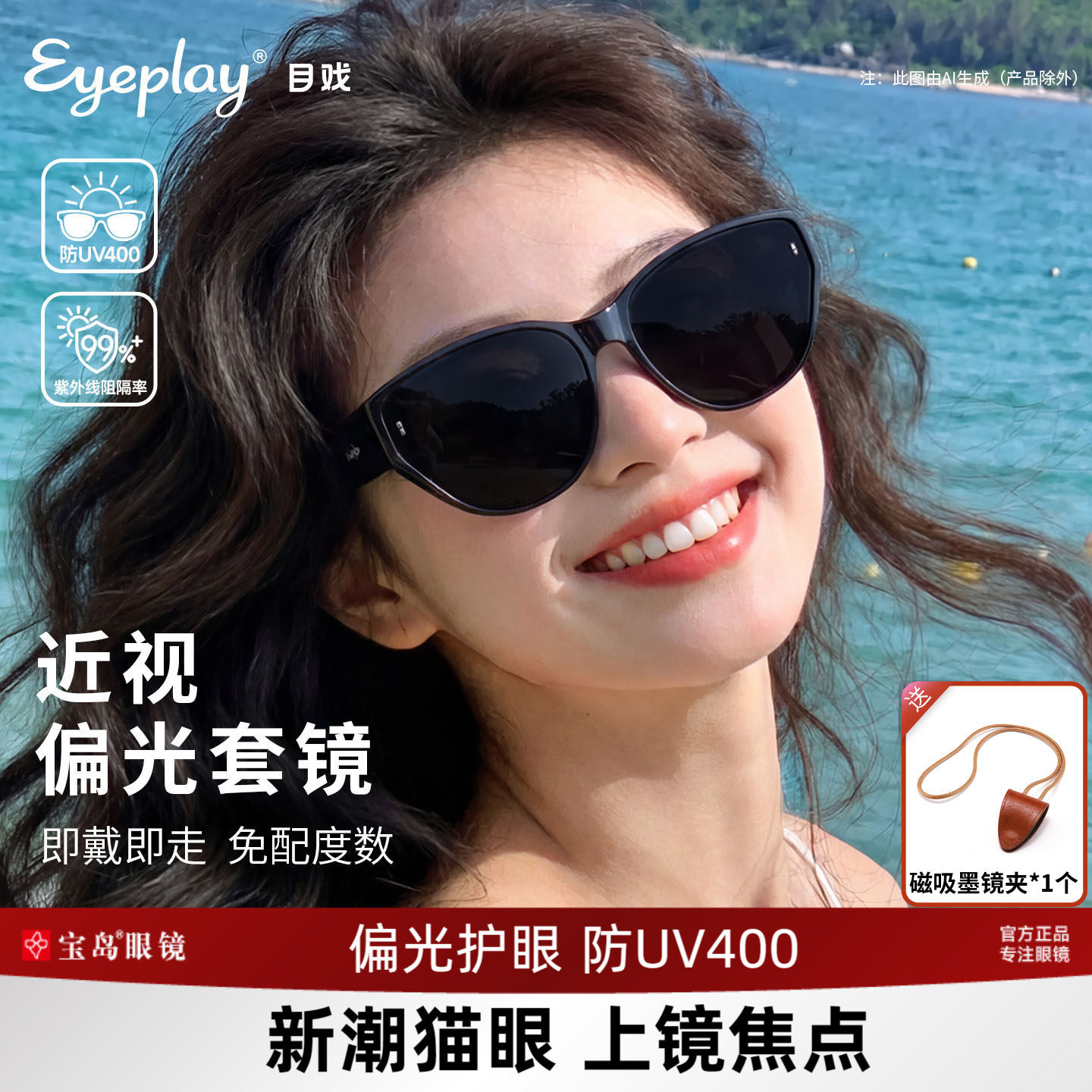 目戏猫眼墨镜套镜近视专用开车偏光太阳镜女款可套近视眼镜76006