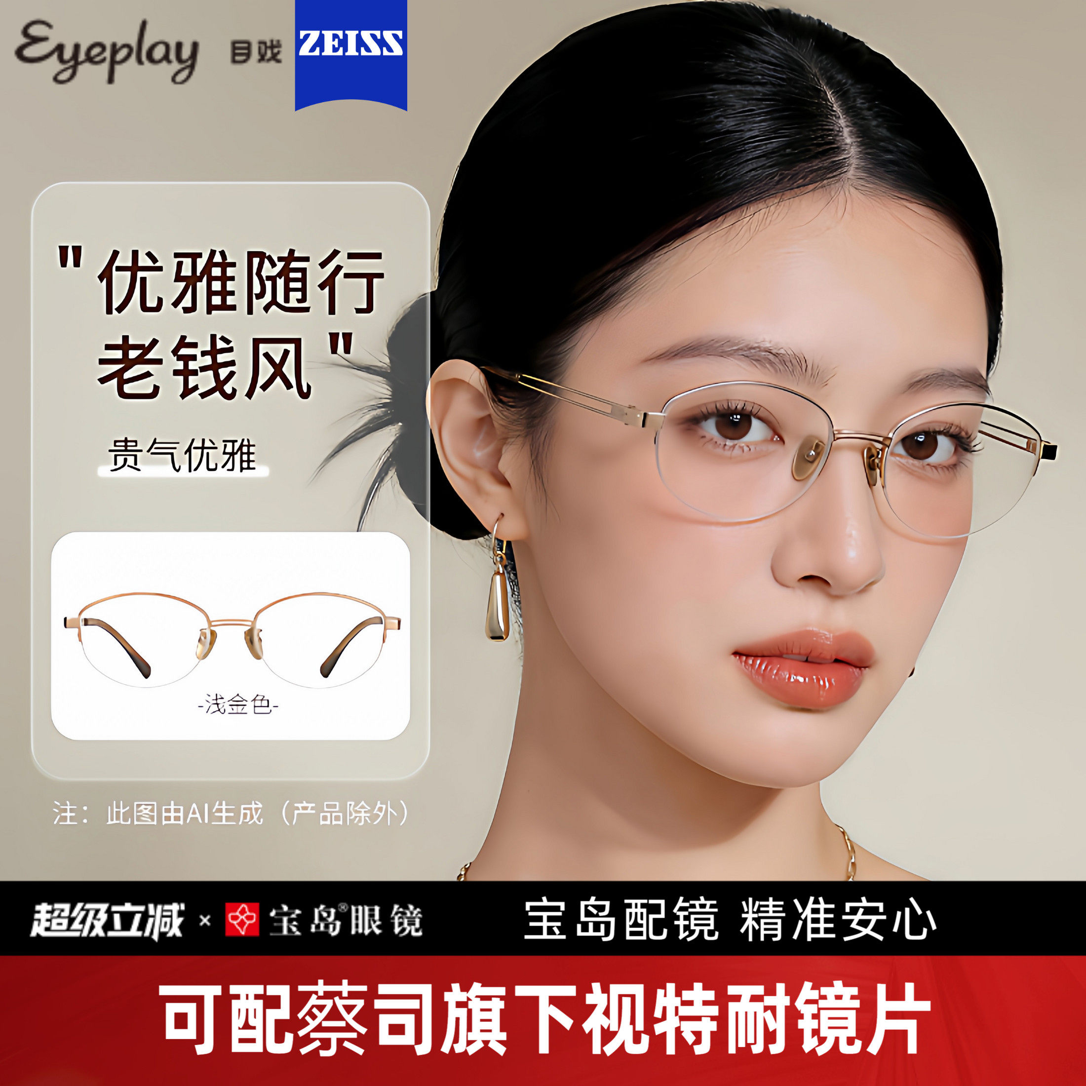 目戏老钱风半框近视眼镜可配防蓝光镜片度数眼镜框镜架女12002