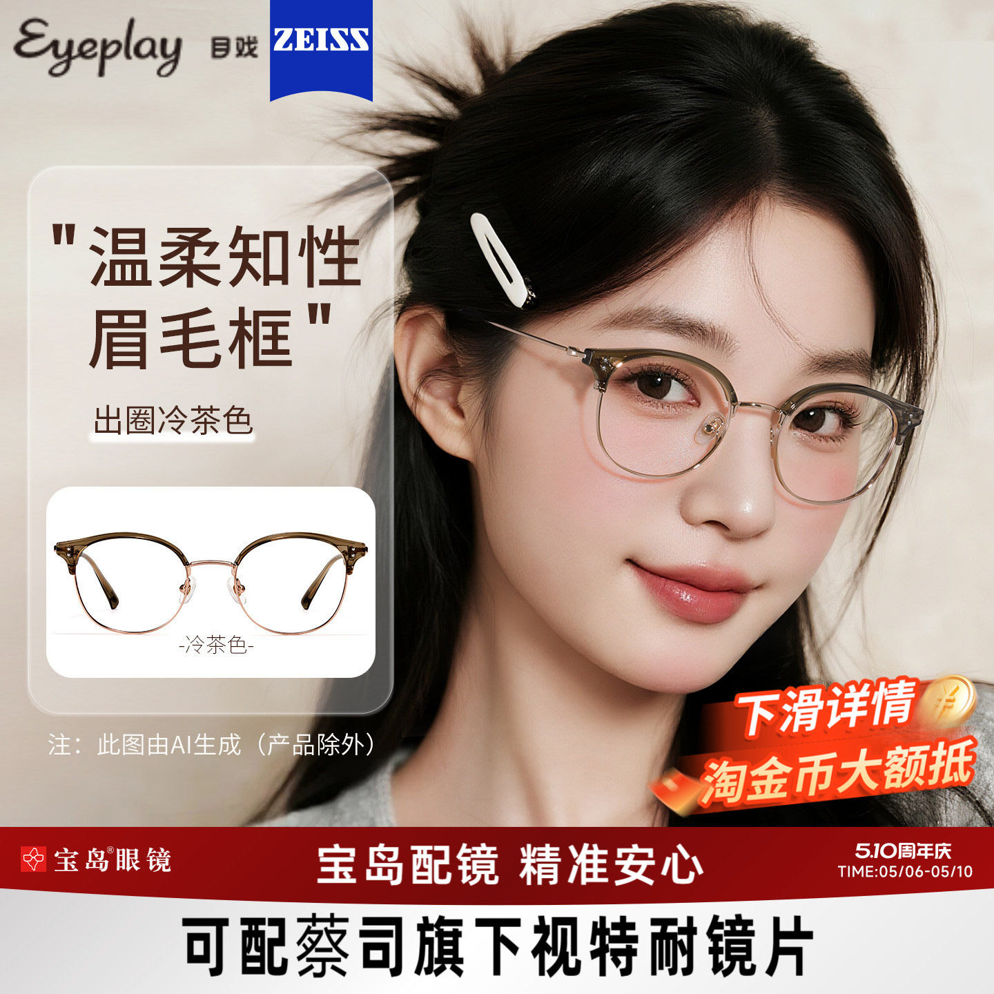 目戏冷茶色韩系素颜高级感眼镜可配近视度数女可选防蓝光镜片5022