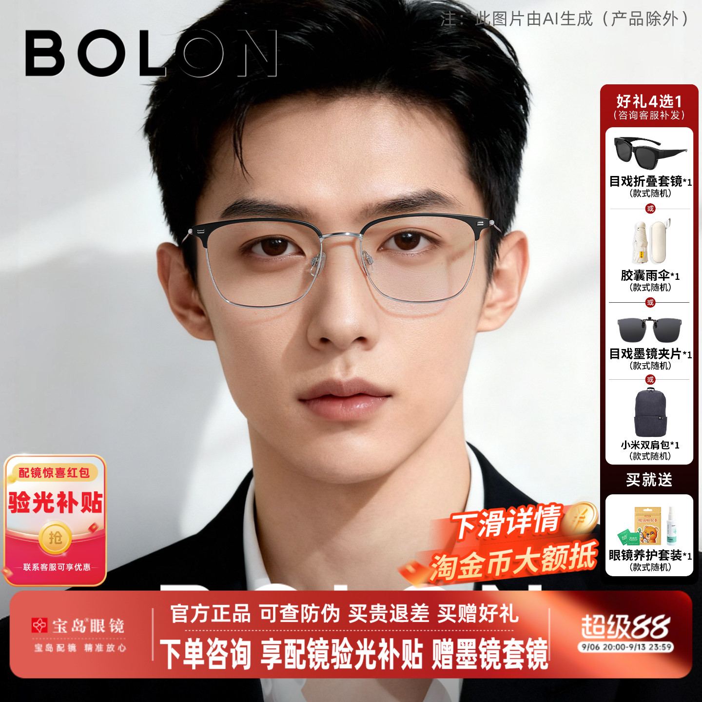 暴龙近视眼镜框休闲商务眉框男士钛合金光学镜架女可配蔡司BA7009