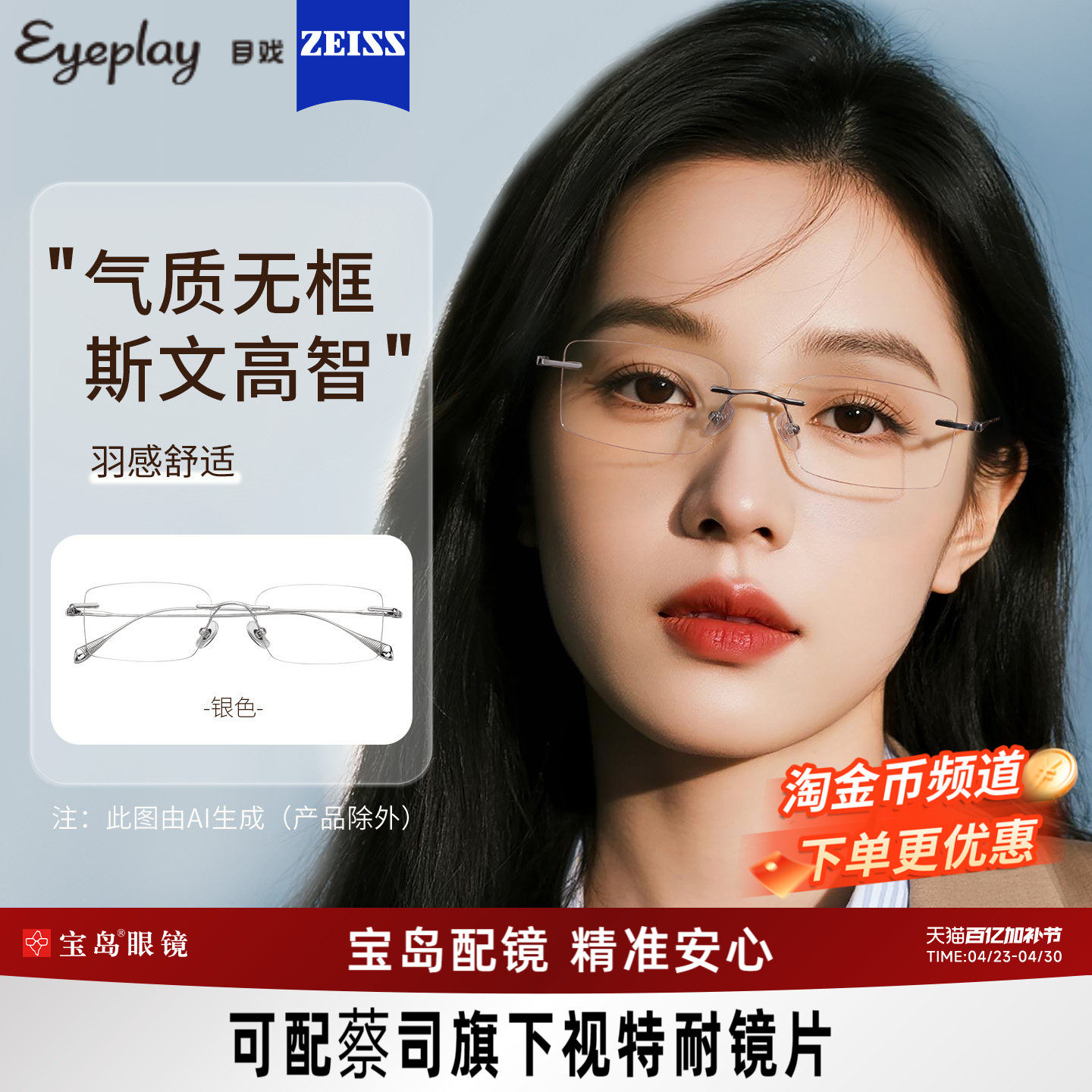 目戏无边框近视眼镜女可配度数可选蔡司镜片无框眼镜框镜架23005