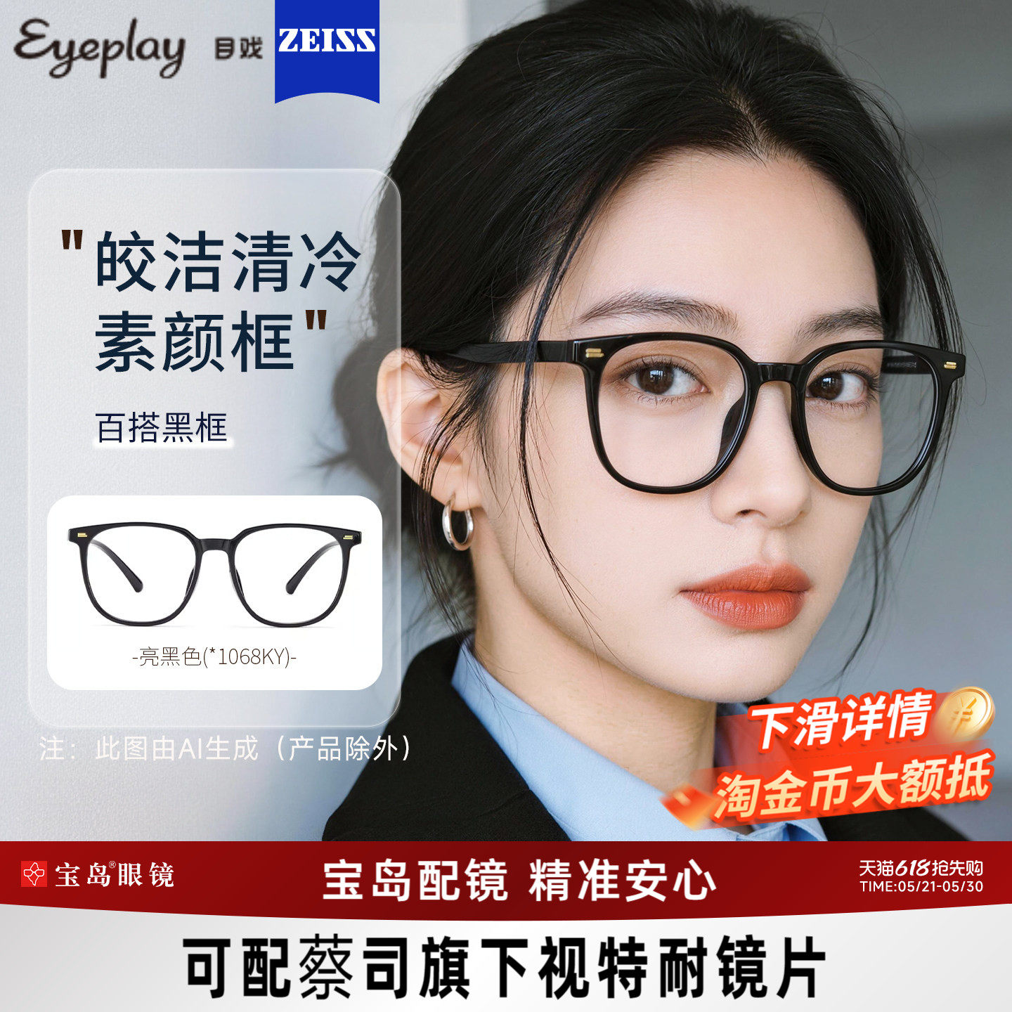 目戏素颜黑框眼镜女眼镜框镜架可配蔡司近视度数可选防蓝光男1068