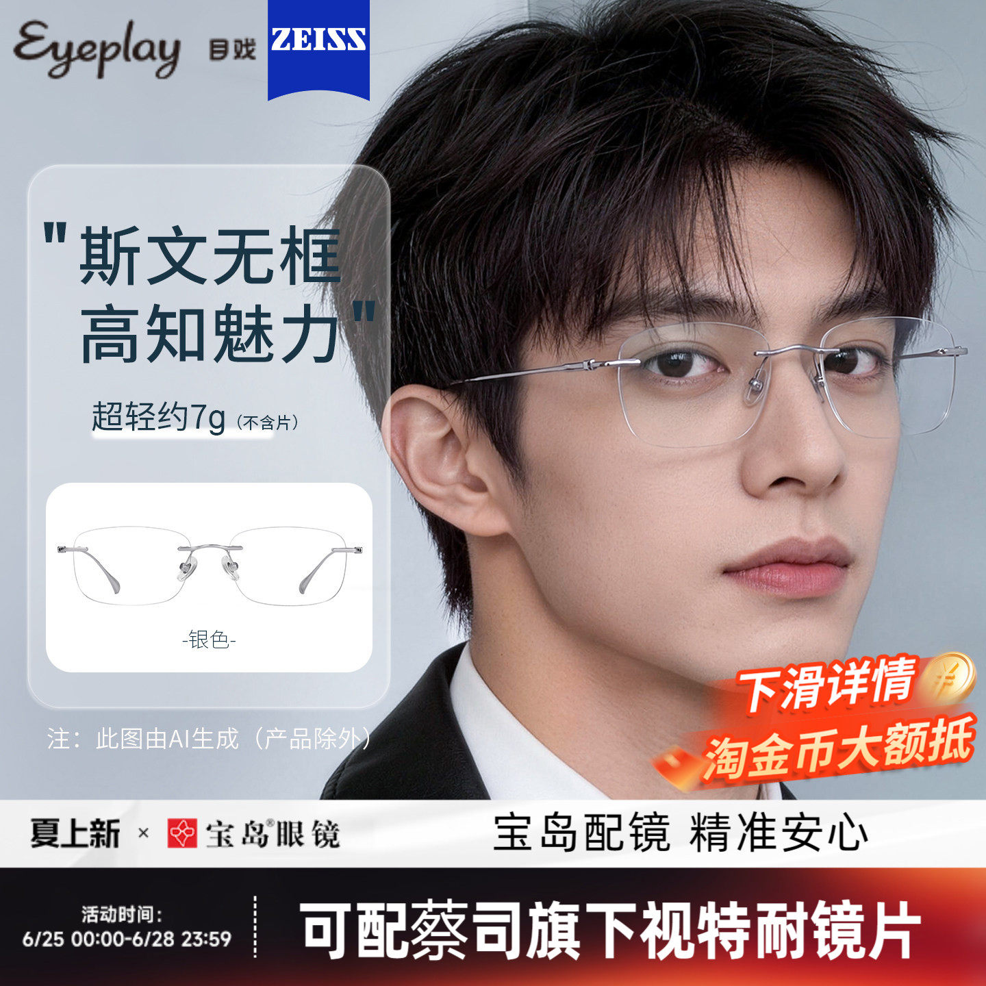 目戏气质商务无框眼镜男可配度数