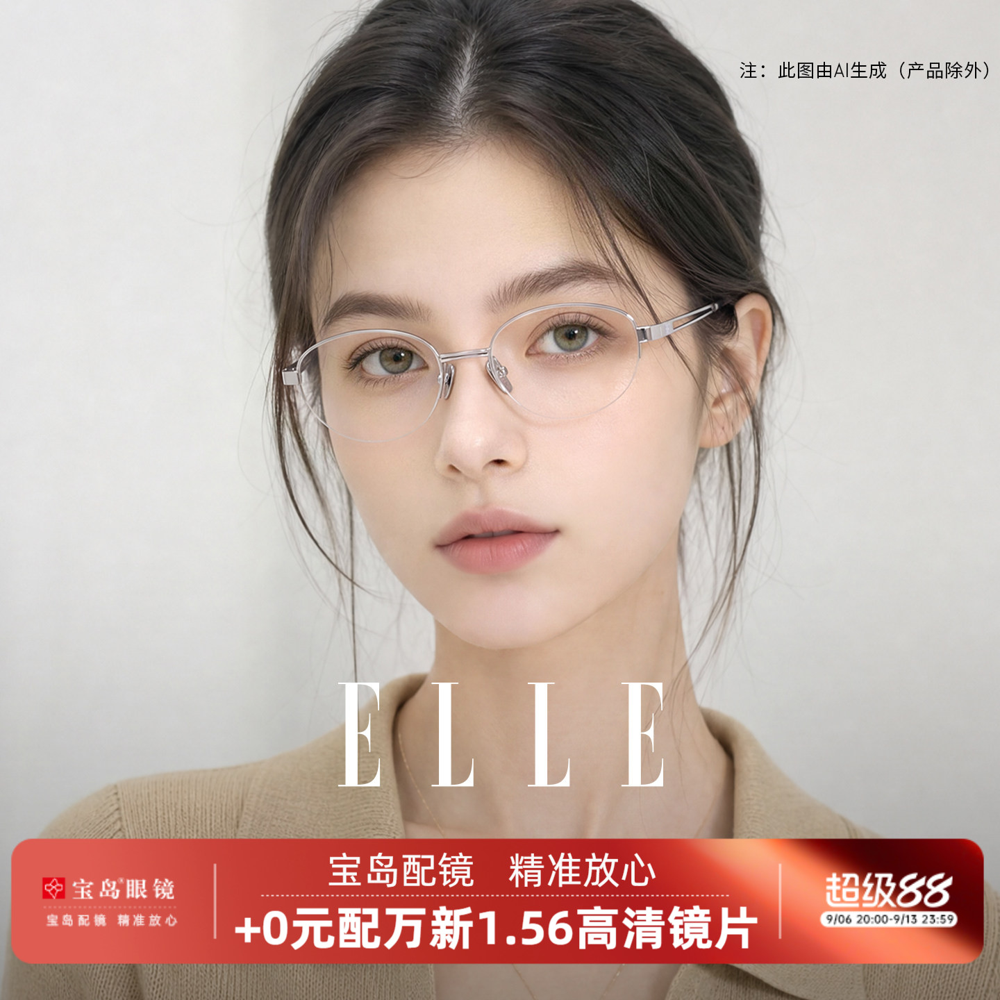 ELLE老钱风高智感金属半框眼镜女可配度数近视眼镜框女防蓝光7021