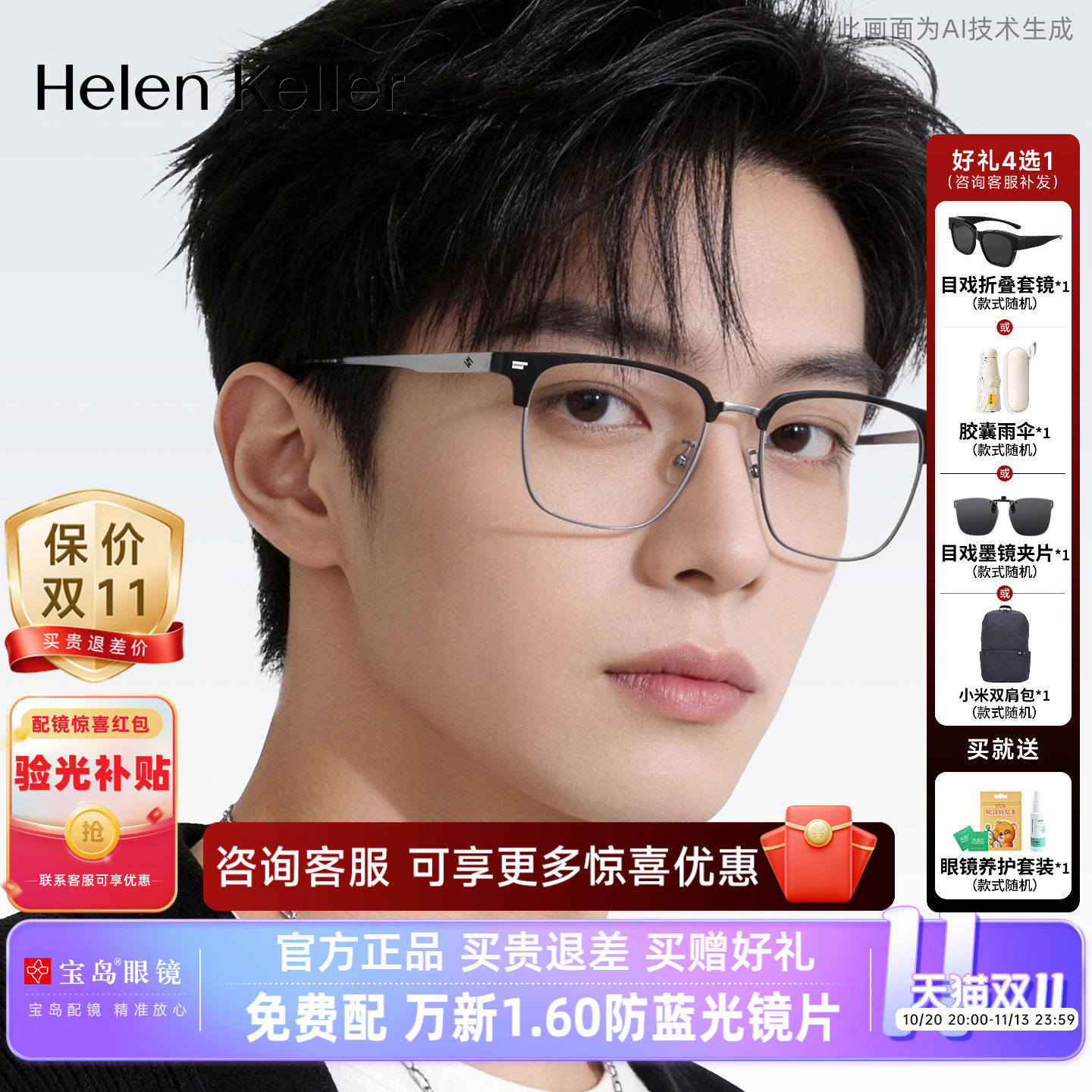 海伦凯勒近视眼镜框钛合金镜腿时尚商务眉框男士光学镜架H85037