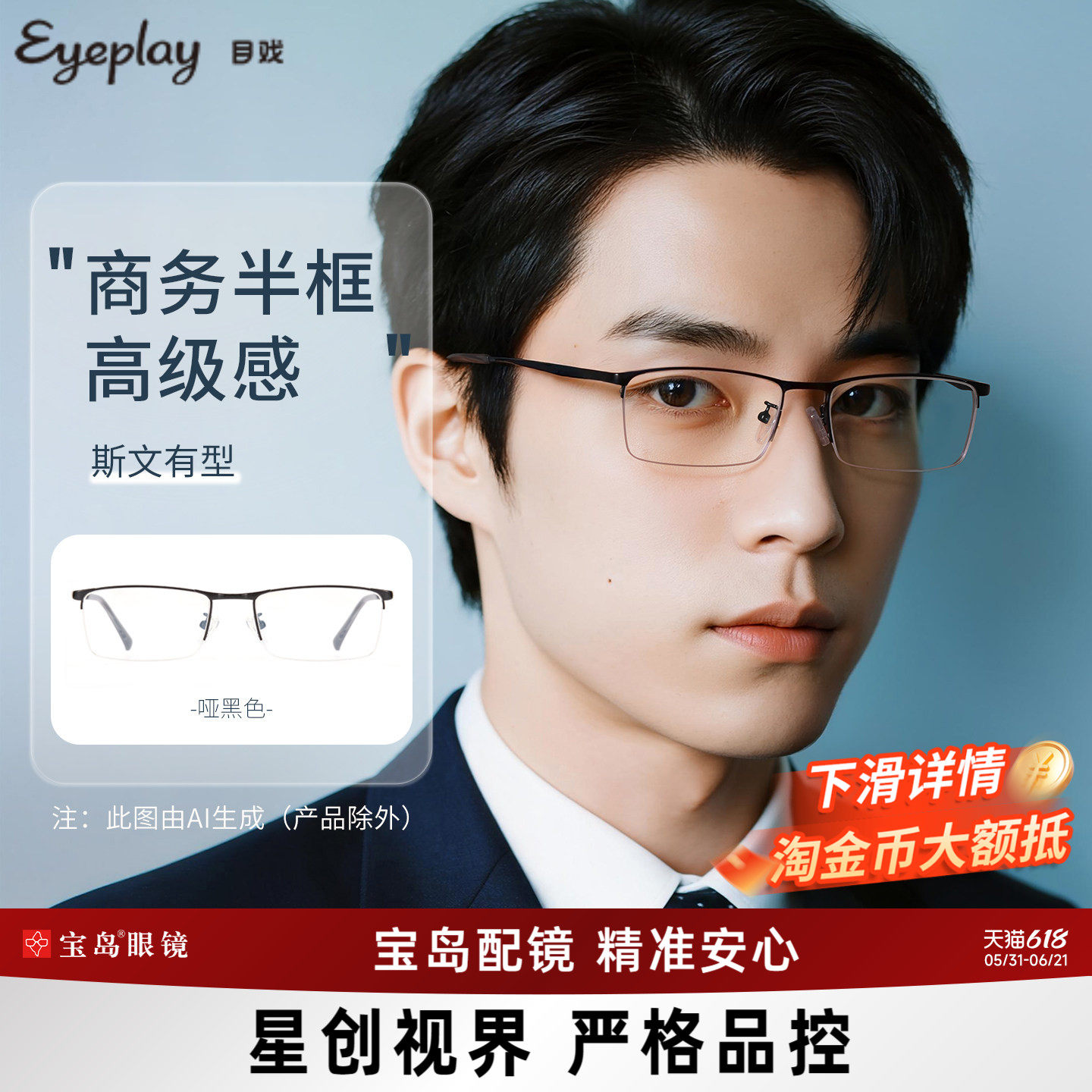 目戏半框近视眼镜男款可配度数光学眼镜框专业网上配眼镜12003