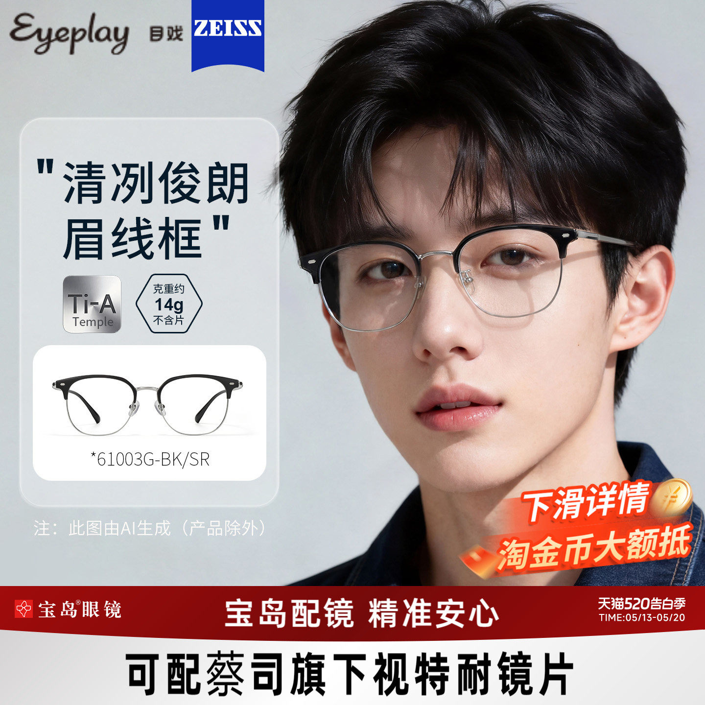 目戏眼镜男款近视专业网上可配蔡司度数镜片可选防蓝光镜架61003
