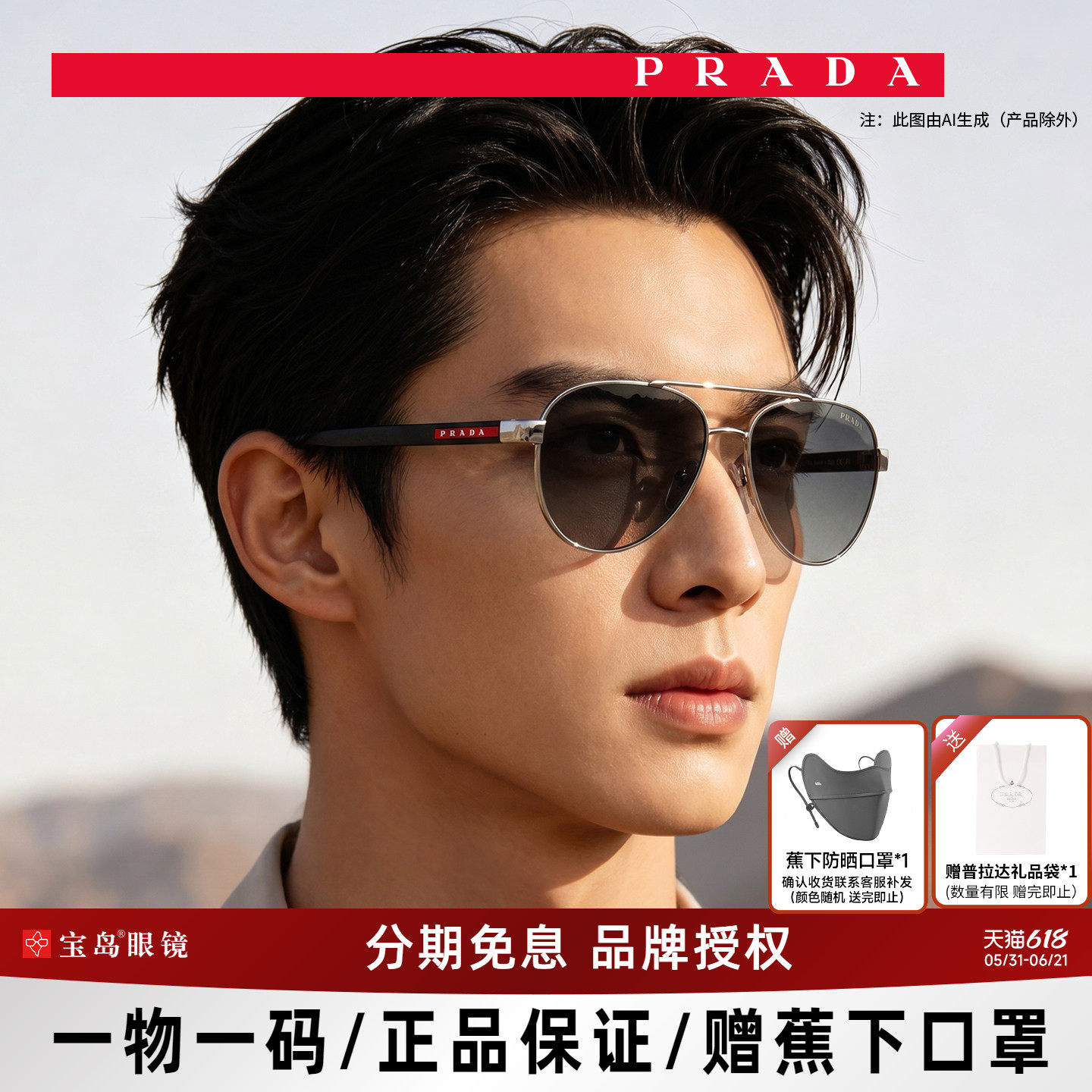 Prada普拉达墨镜男款双梁飞行员款太阳镜驾驶蛤蟆镜遮阳眼镜A52S