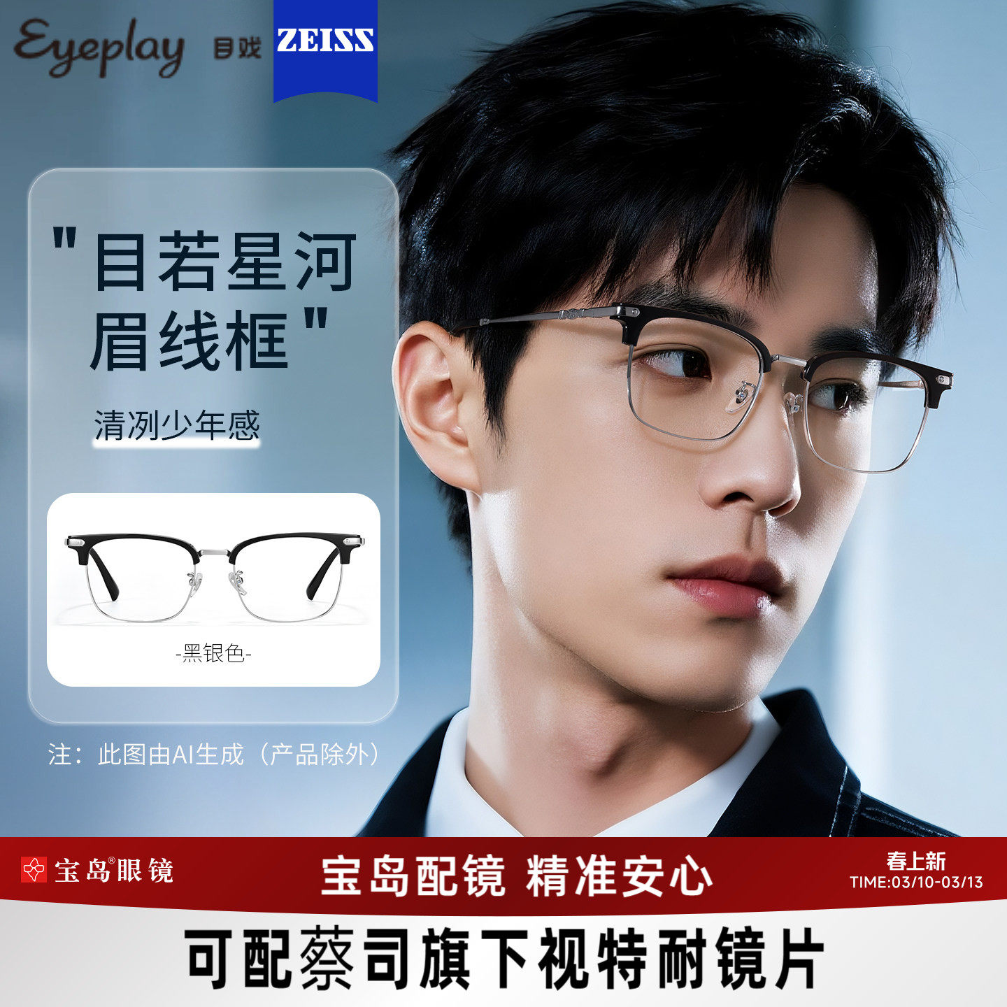 目戏近视眼镜可配蔡司度数可选防蓝光半框配眼镜框镜架男71009