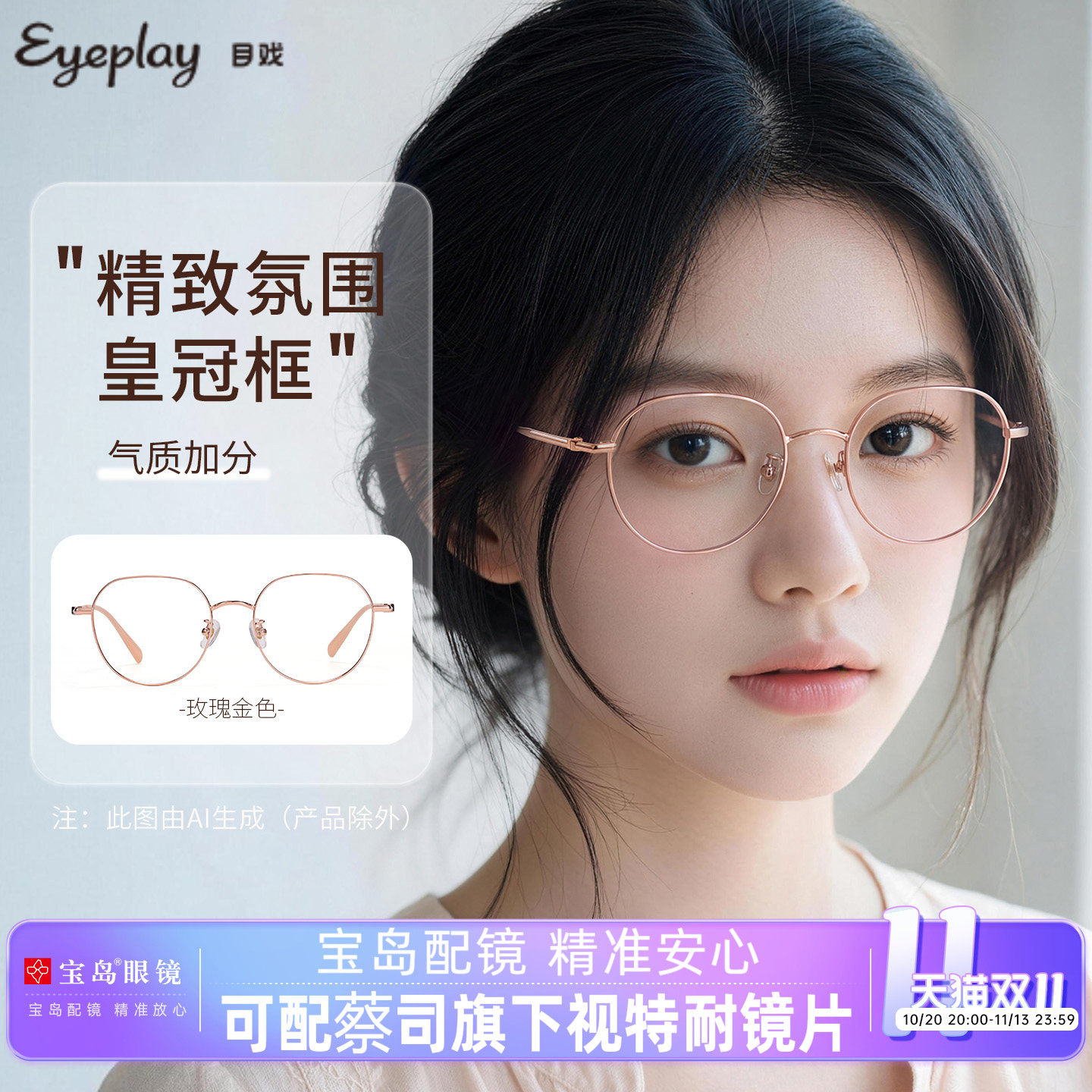 目戏近视眼镜女圆框方圆脸金属眼镜框镜架轻小框可配度数男11001G