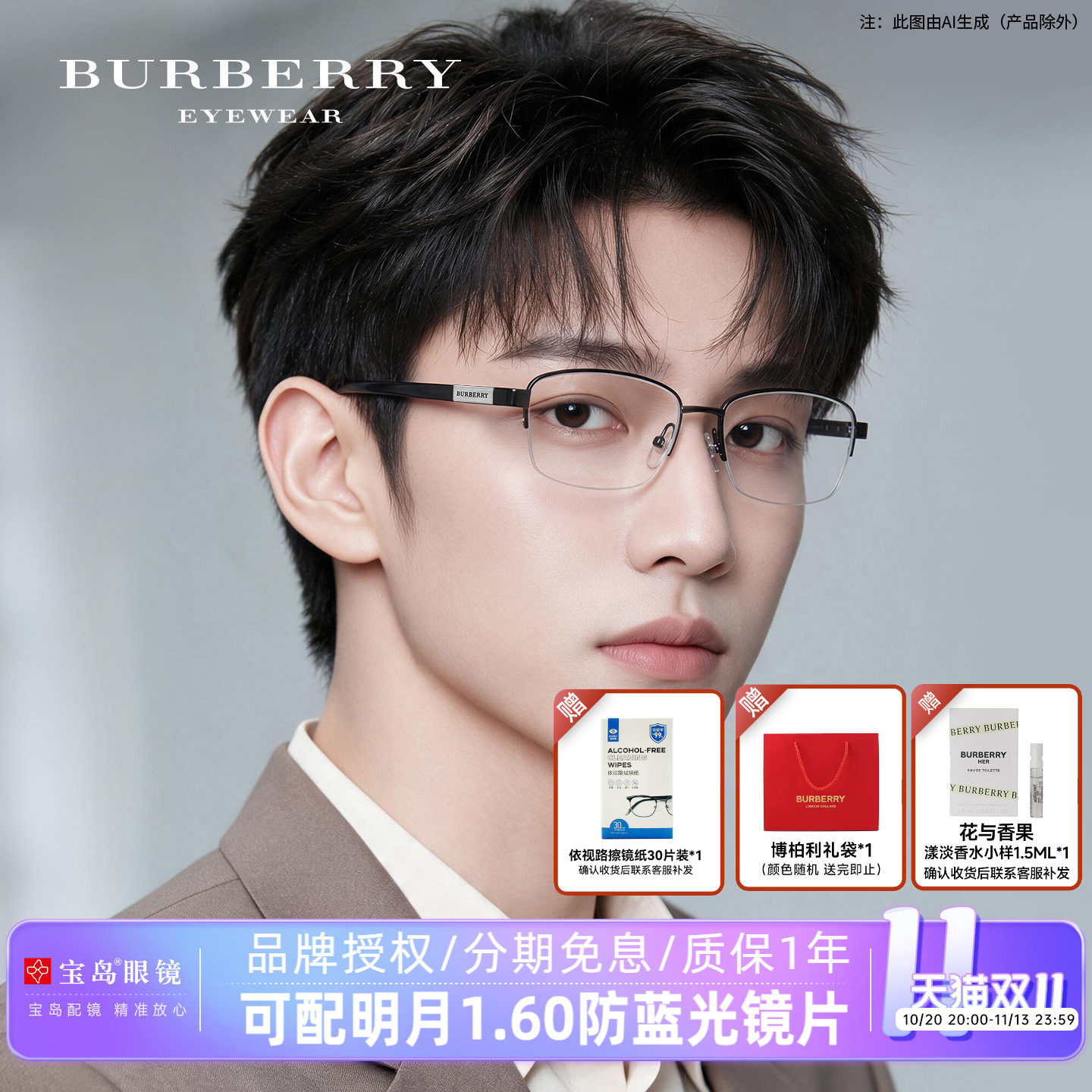 BURBERRY博柏利眼镜架钛合金方框男士半框商务可配近视镜0BE1288