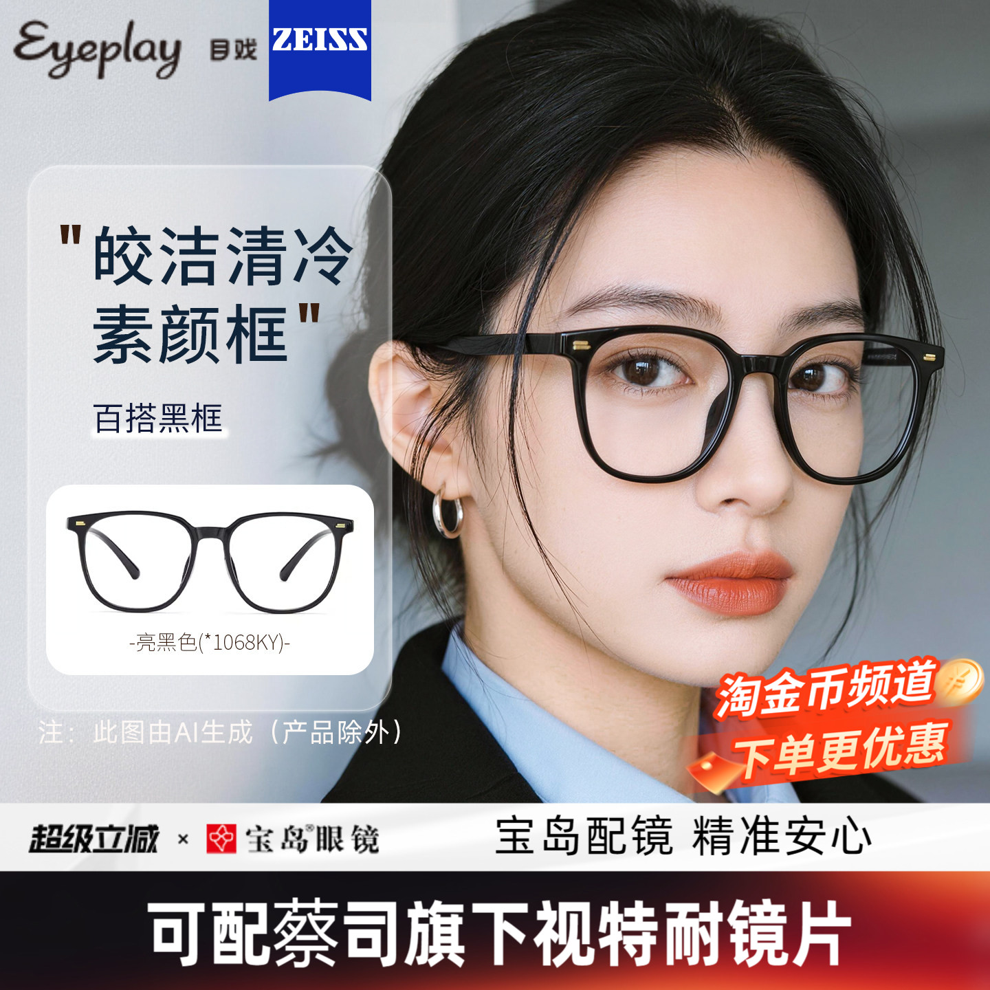 目戏素颜黑框眼镜女眼镜框镜架可配蔡司近视度数可选防蓝光男1068