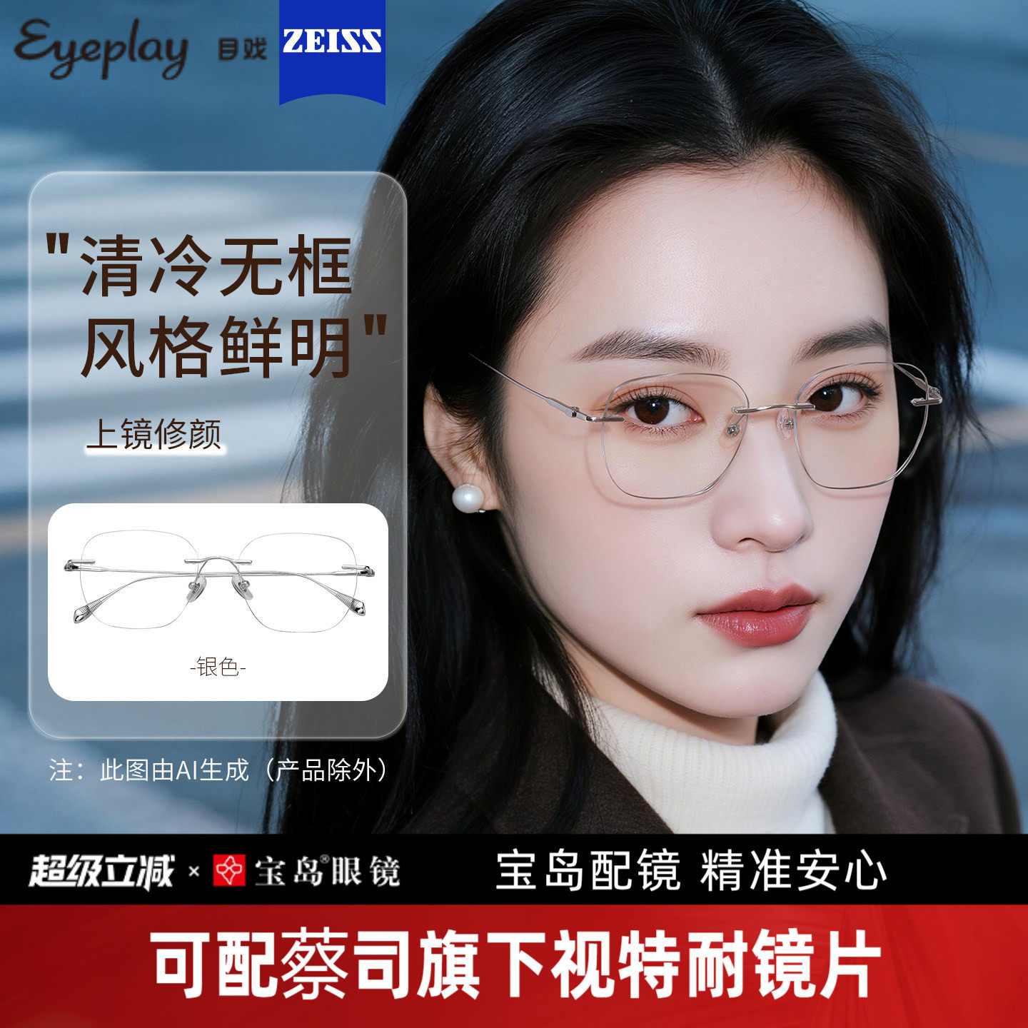 目戏无边框近视眼镜可配镜片度数可选防蓝光无框眼镜框镜架23004