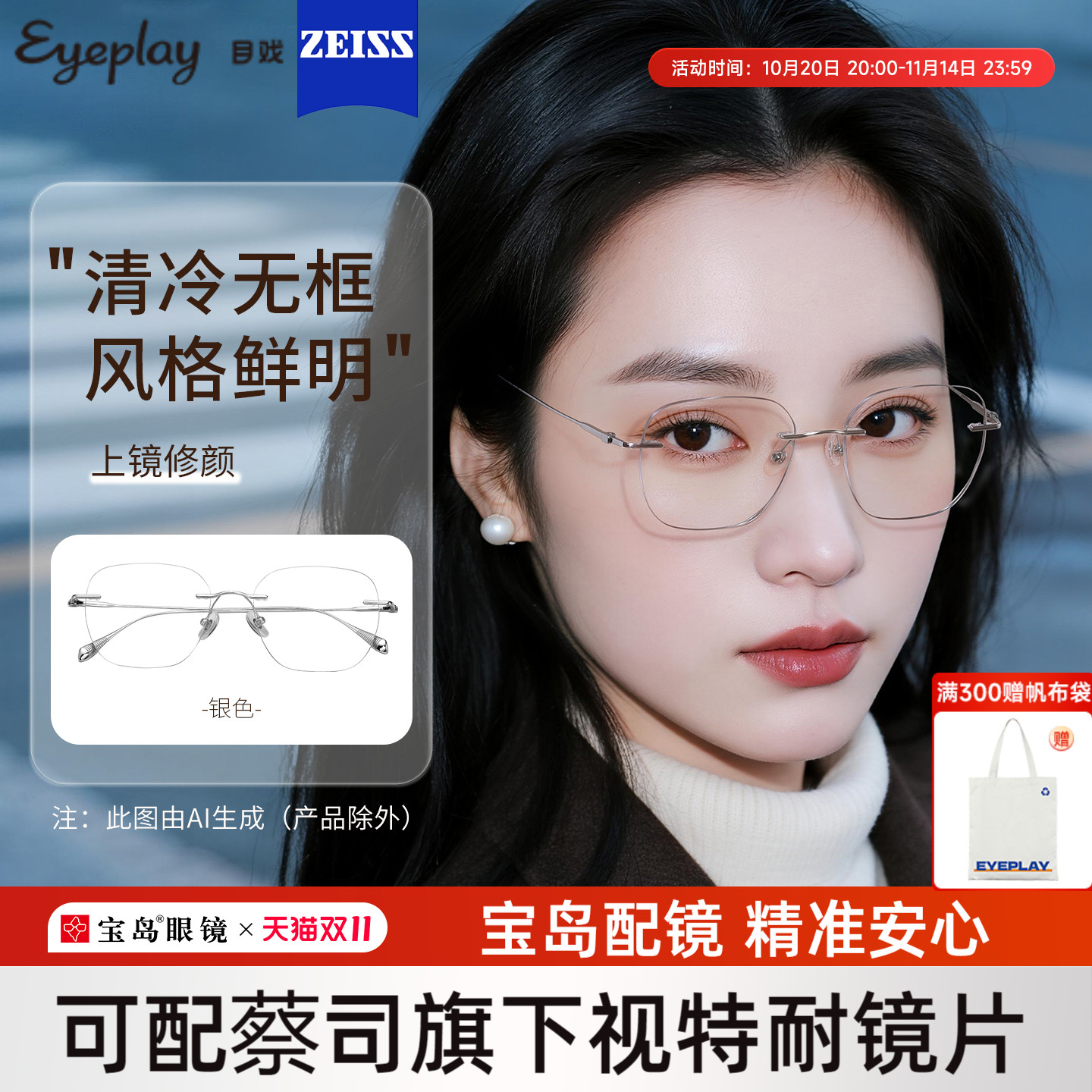 目戏时尚修颜无框眼镜女可配度数