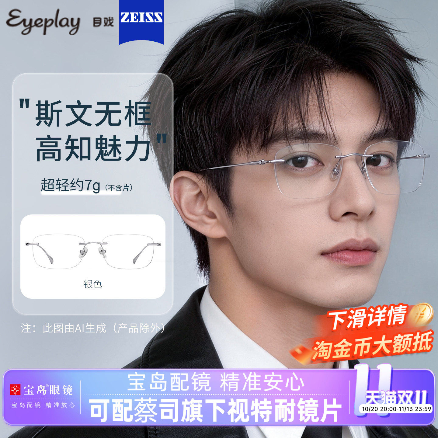 目戏气质商务无框眼镜男可配度数
