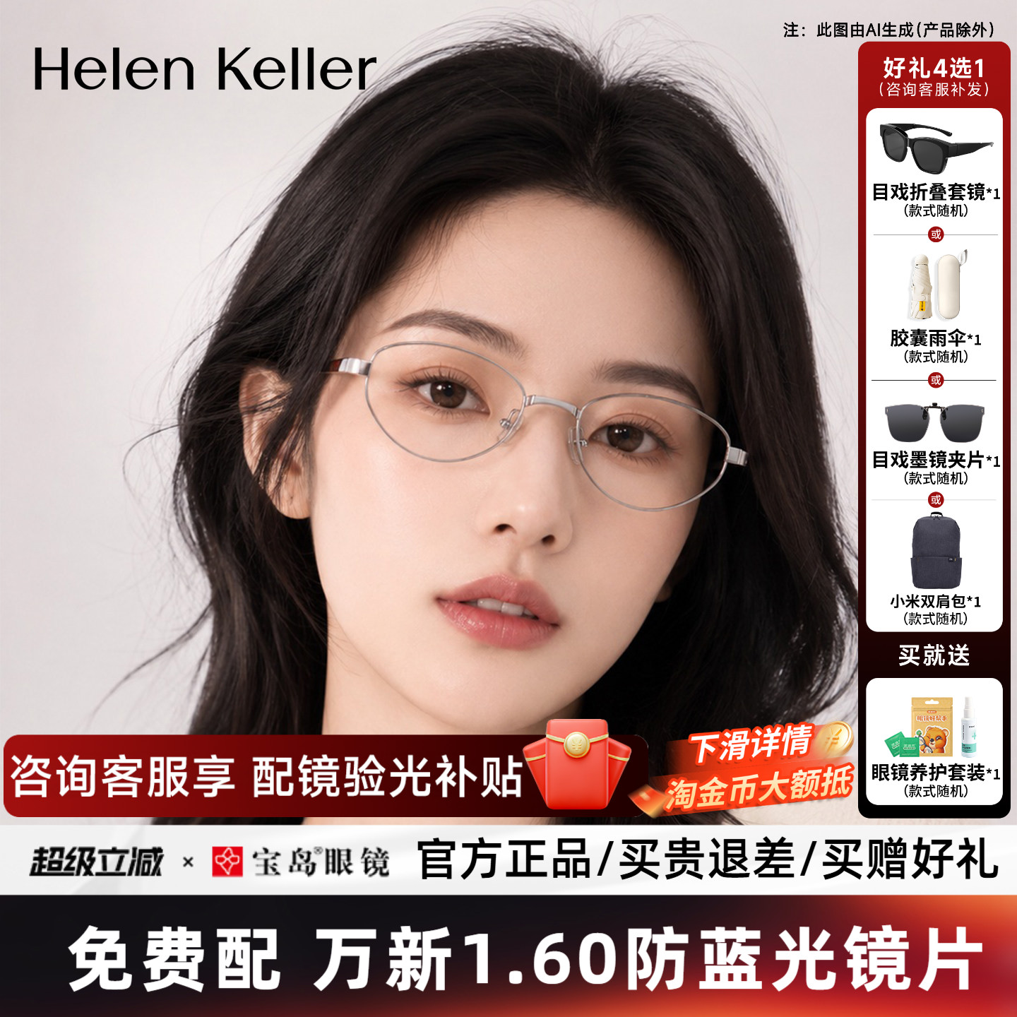 海伦凯勒近视眼镜框女猫眼钛合金椭圆框光学镜架可配度数H9619
