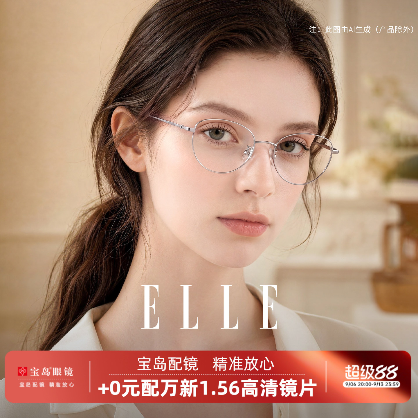 ELLE金属猫眼近视眼镜框架女可配度数可选蔡司镜片防蓝光眼镜7029