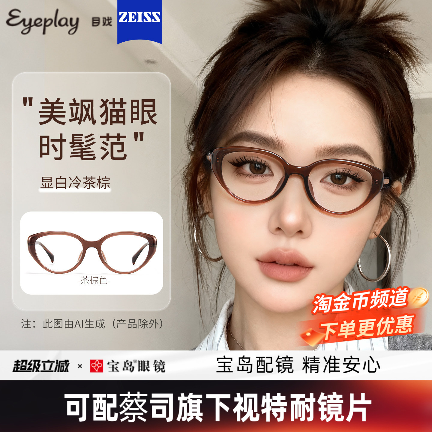 目戏猫眼黑框近视眼镜女可配度数可选防蓝光镜片眼镜框镜架71006