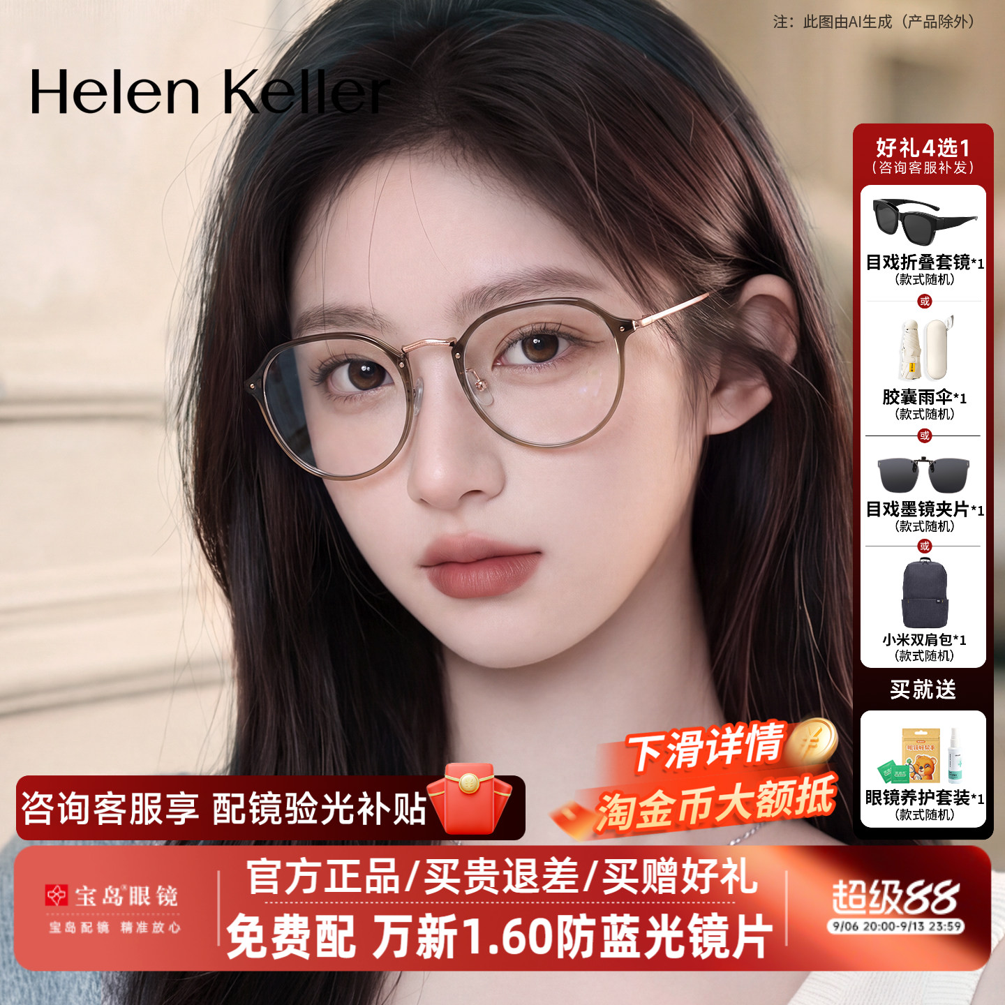 海伦凯勒冷茶色素颜近视眼镜框女可选蔡司镜片可配度数镜架H9214