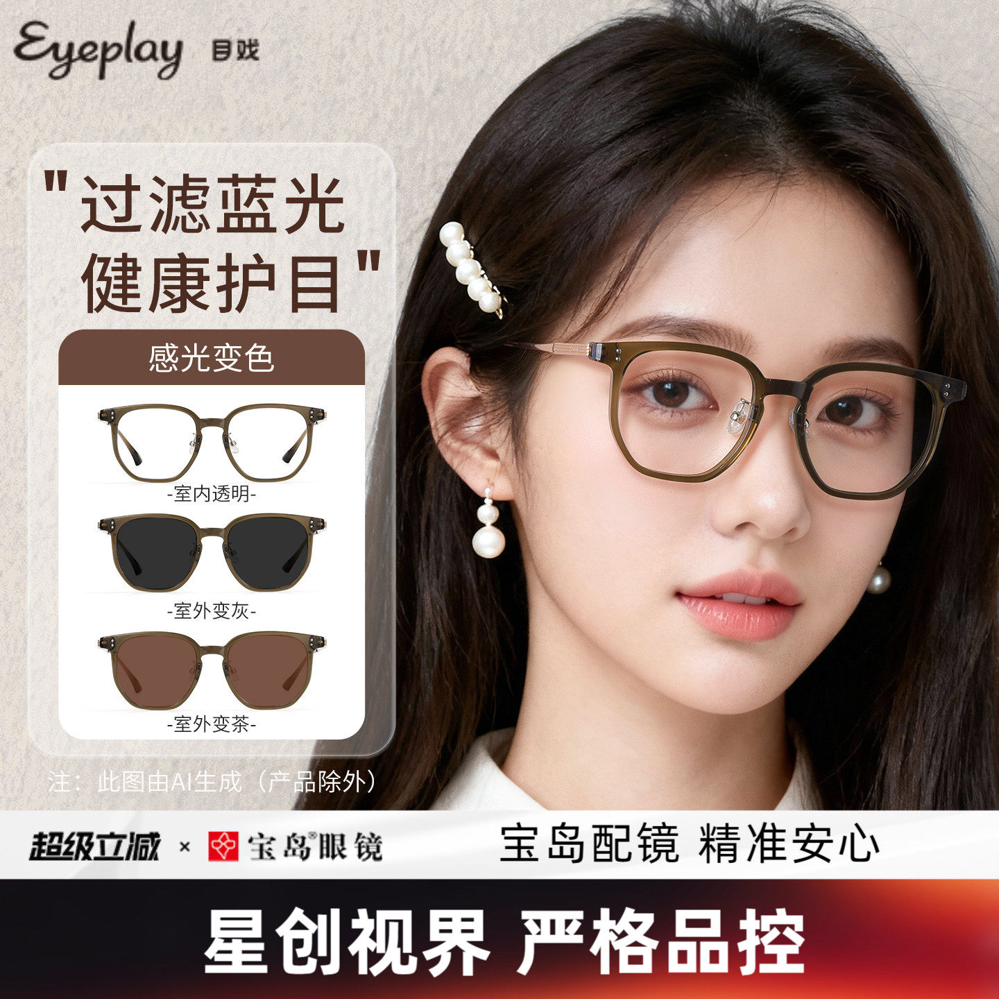 目戏冷茶色眼镜可选变色眼镜防蓝光辐射护眼平光镜无度数女71003G