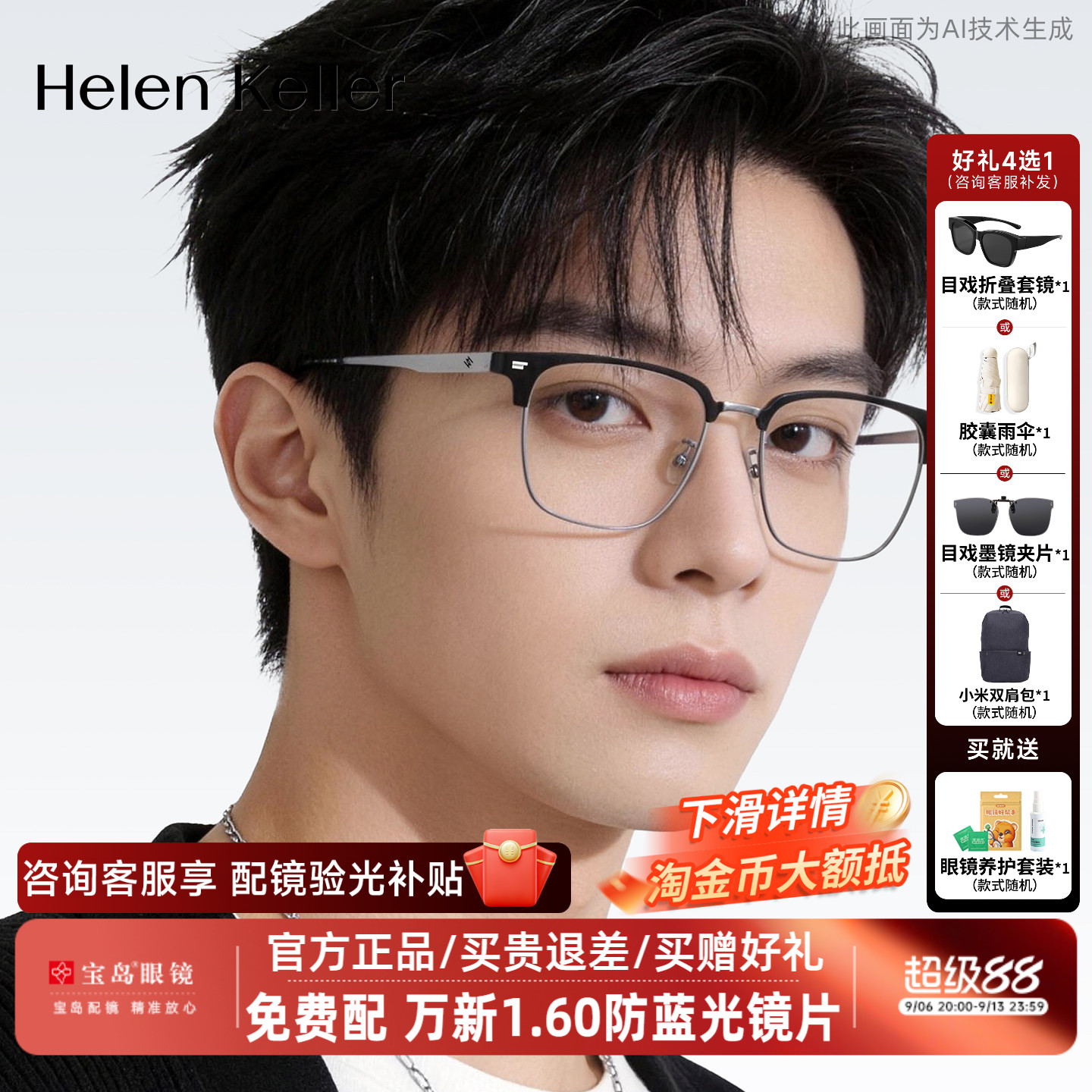 海伦凯勒近视眼镜框钛合金镜腿时尚商务眉框男士光学镜架H85037