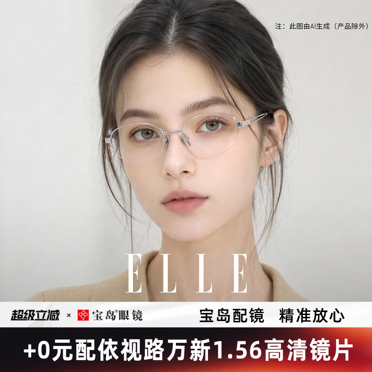 ELLE老钱风高智感金属半框眼镜女可配度数近视眼镜框女防蓝光7021