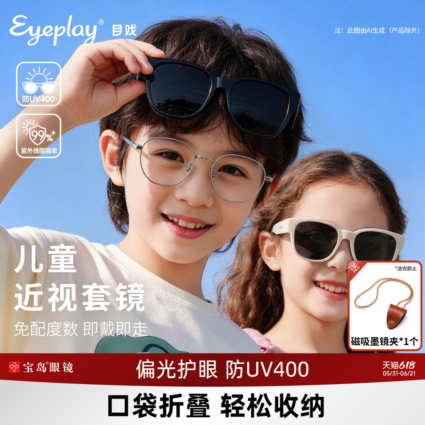 目戏儿童近视墨镜折叠套镜男童偏光防晒可套近视眼镜太阳镜女孩
