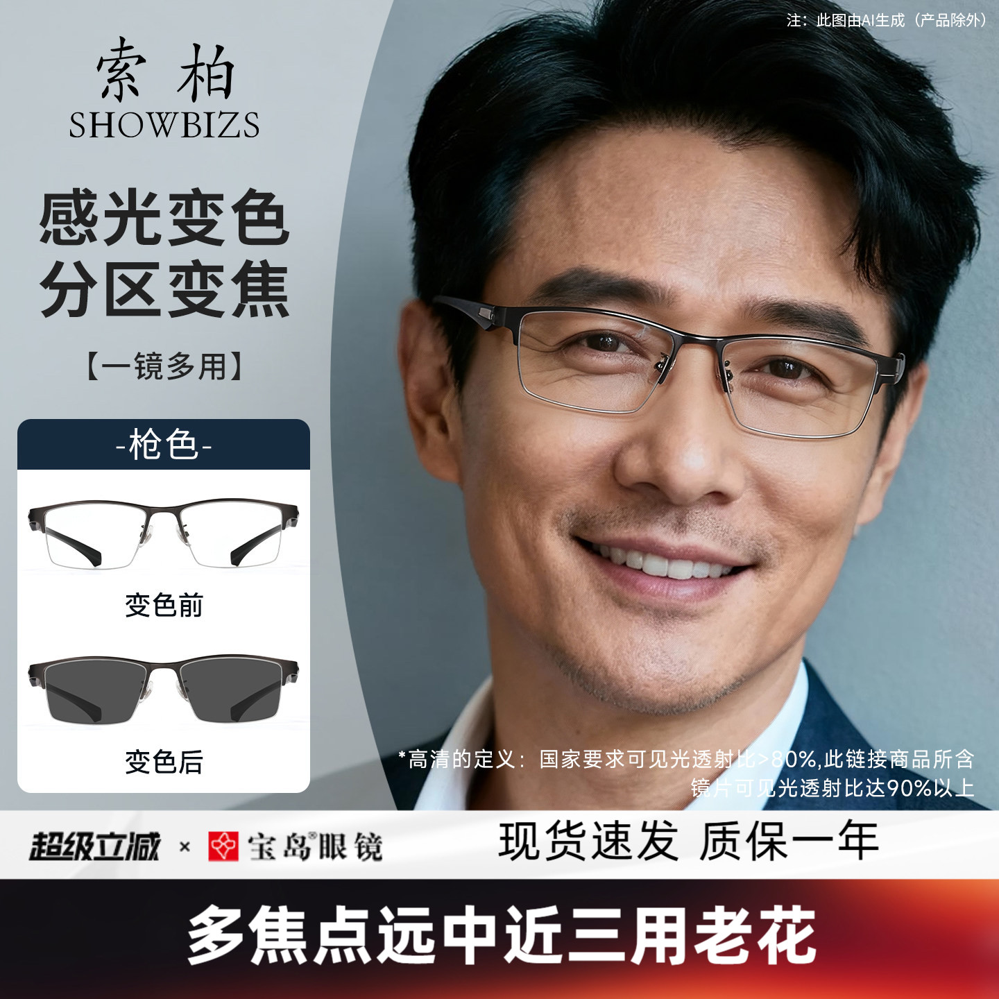 索柏变色老花镜男款分区调节度数远中近三用防蓝光老花眼镜男式