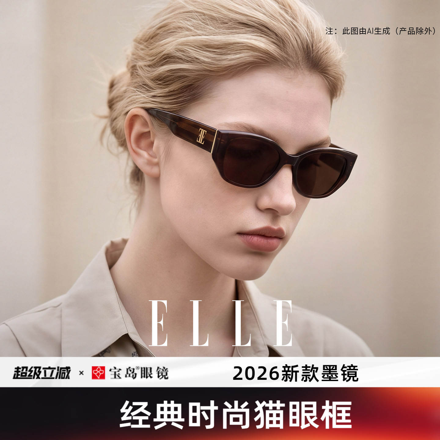 ELLE墨镜女款2026新款猫眼墨镜适合方圆脸高级感黑色大牌墨镜3007