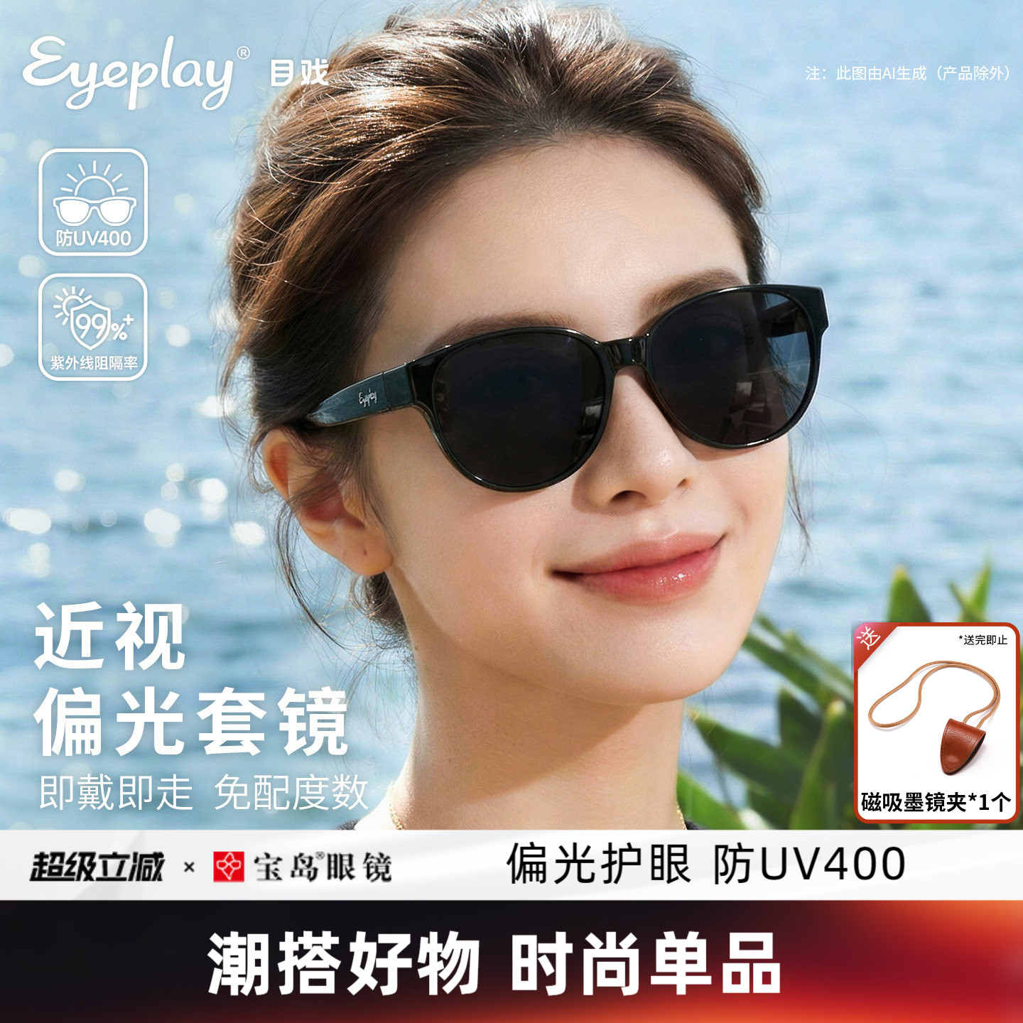 目戏近视专用墨镜套镜女方圆框高级感太阳镜可套近视镜墨镜76007