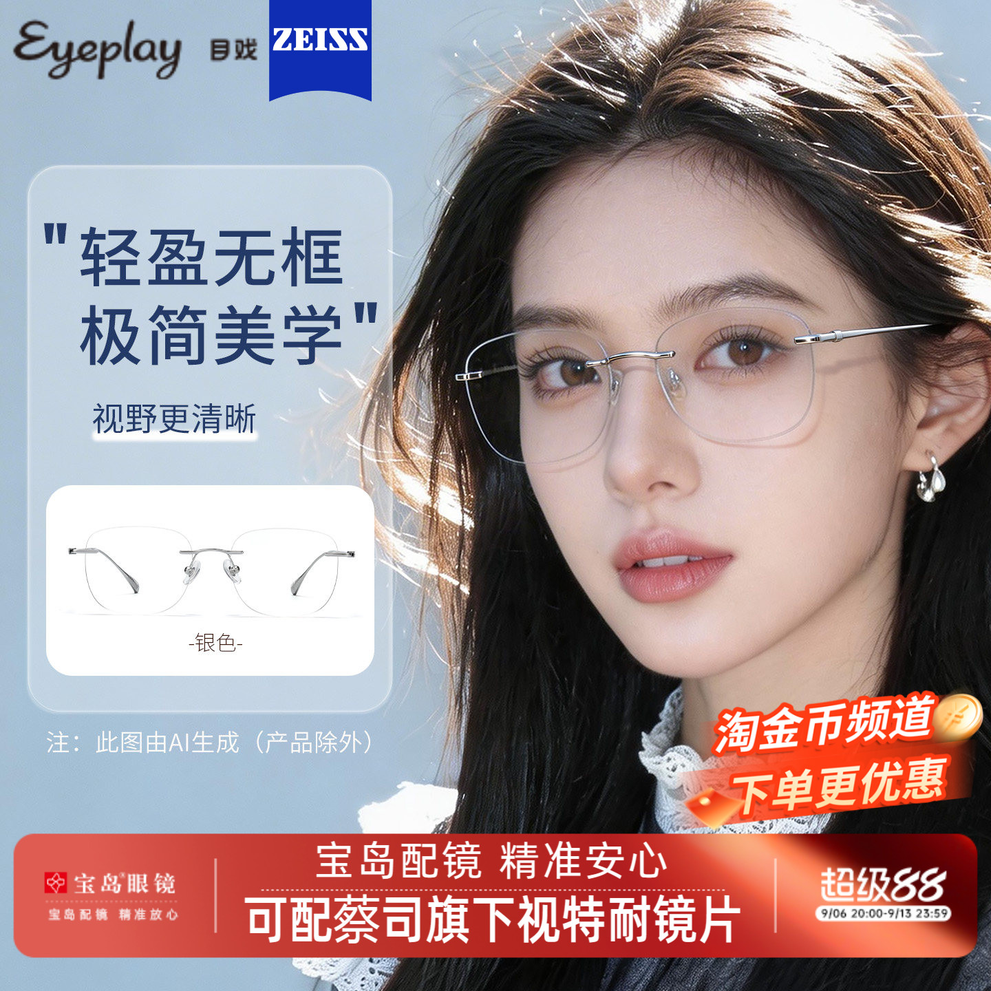目戏无框眼镜女近视可配度数可选蔡司镜片无边框眼镜框镜架23006
