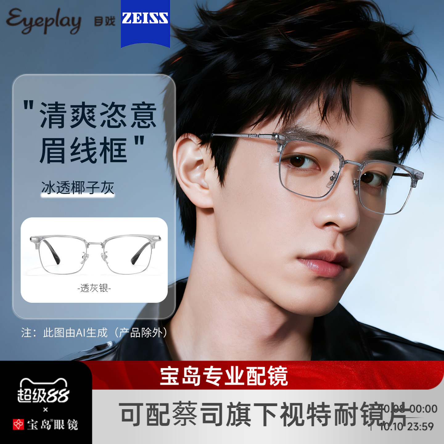 目戏斯文眉框可配蔡司镜片带度数可选透明近视眼镜框镜架男71009