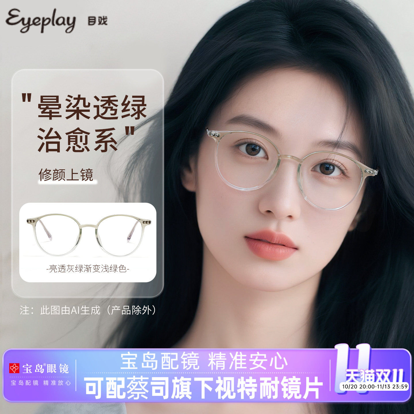 目戏透绿色时尚近视眼镜可配度数
