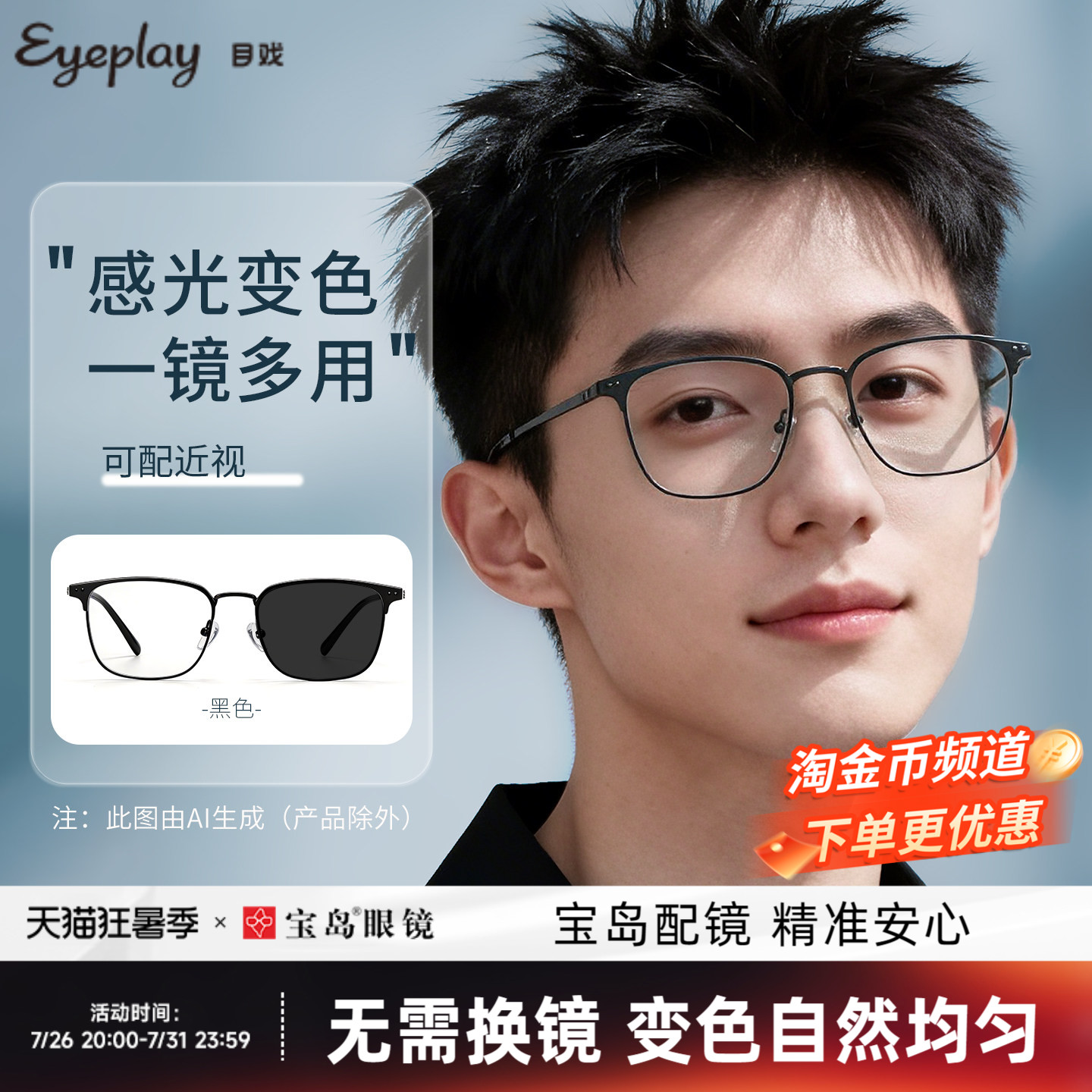 目戏防蓝光眼镜无度数平光镜看手机电脑护眼可选变色男近视11003