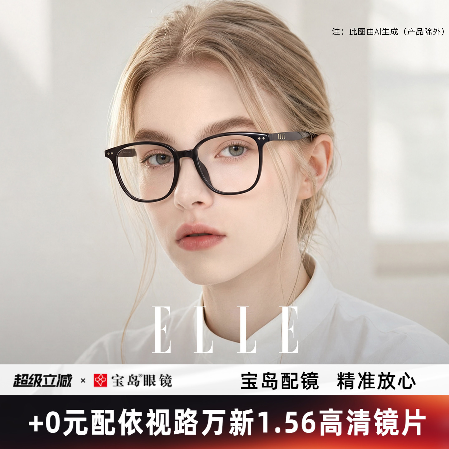 ELLE黑框眼镜女素颜眼镜大框显脸小可配度数近视蔡司防蓝光5001
