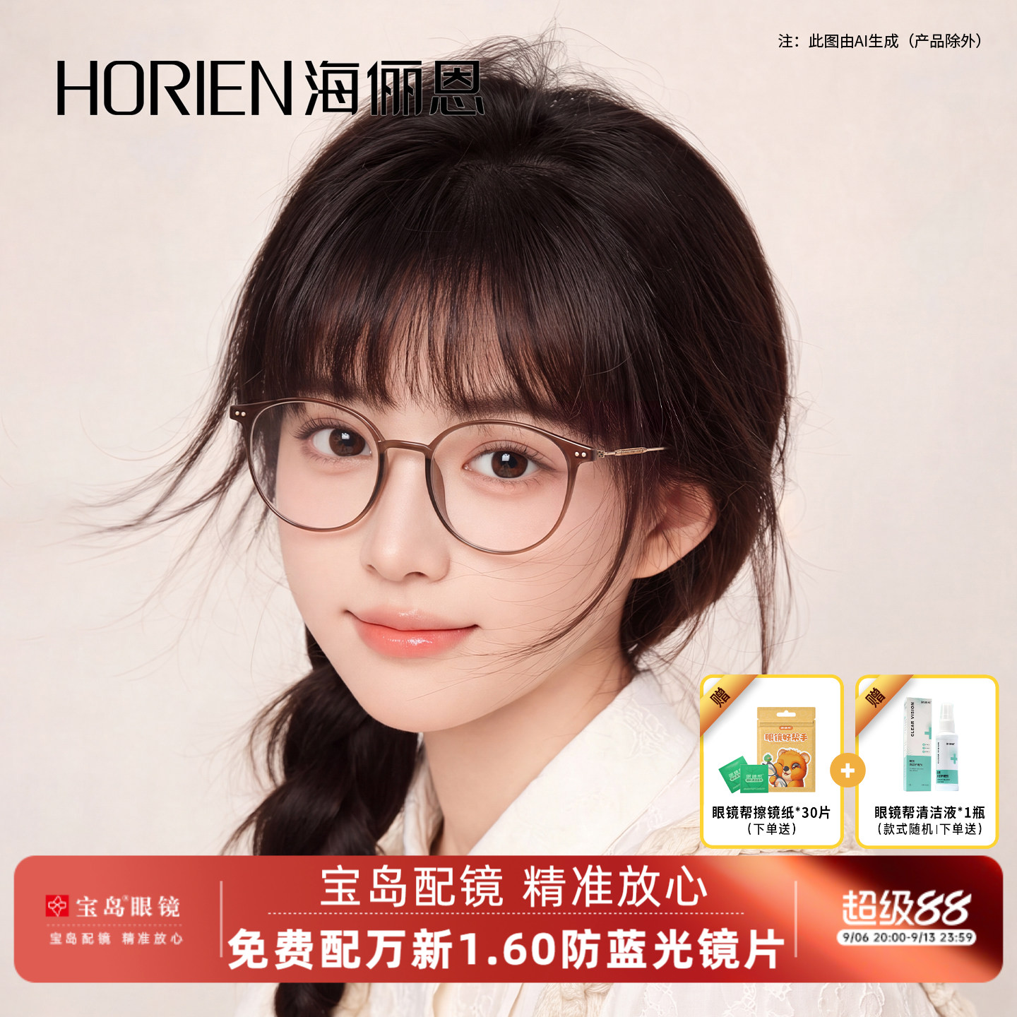 海俪恩眼镜女近视圆框眼镜架配度数蔡司可配变色镜片宝岛Y5004