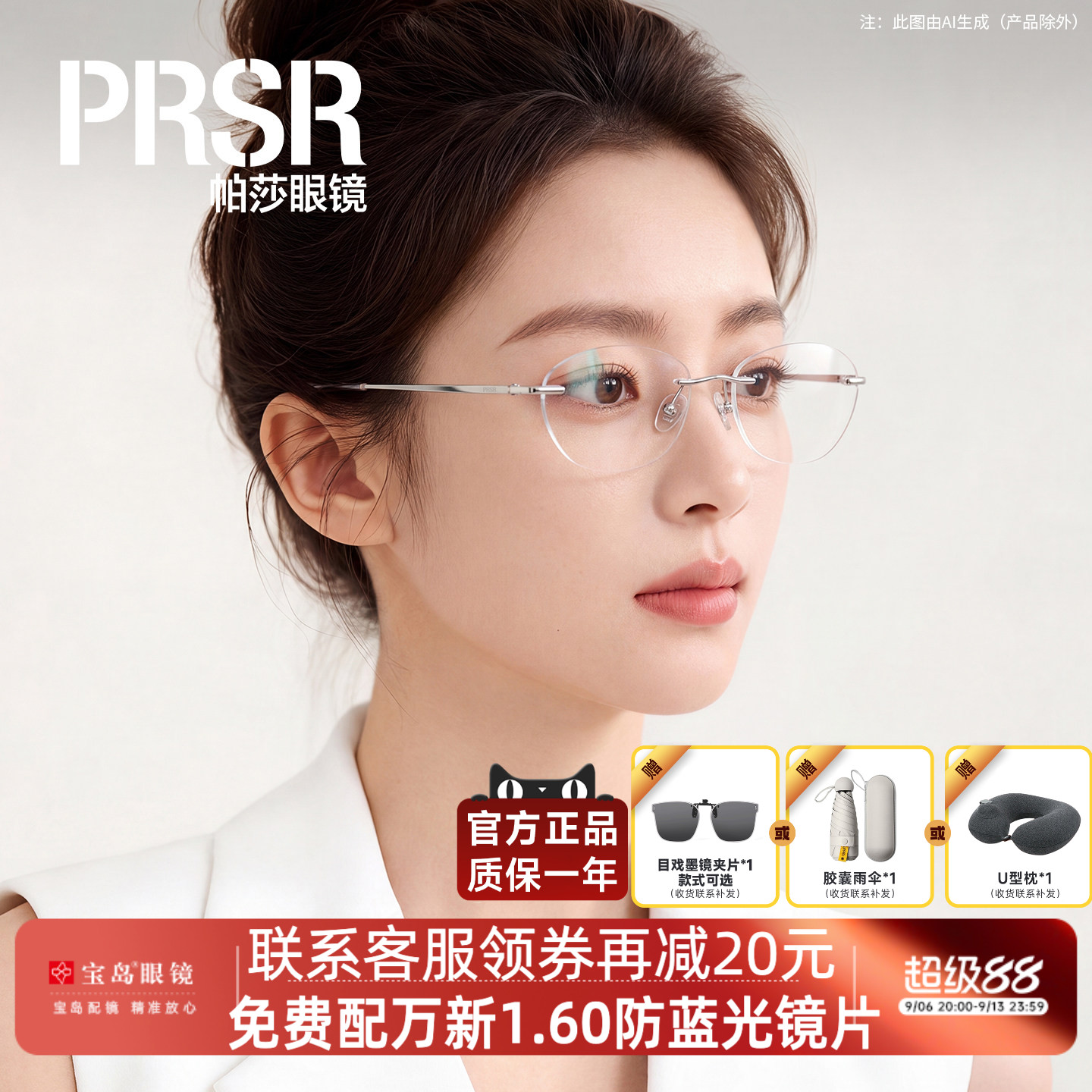 帕莎眼镜框女士优雅轻盈无框眼镜架可配近视镜片宝岛PJ79020