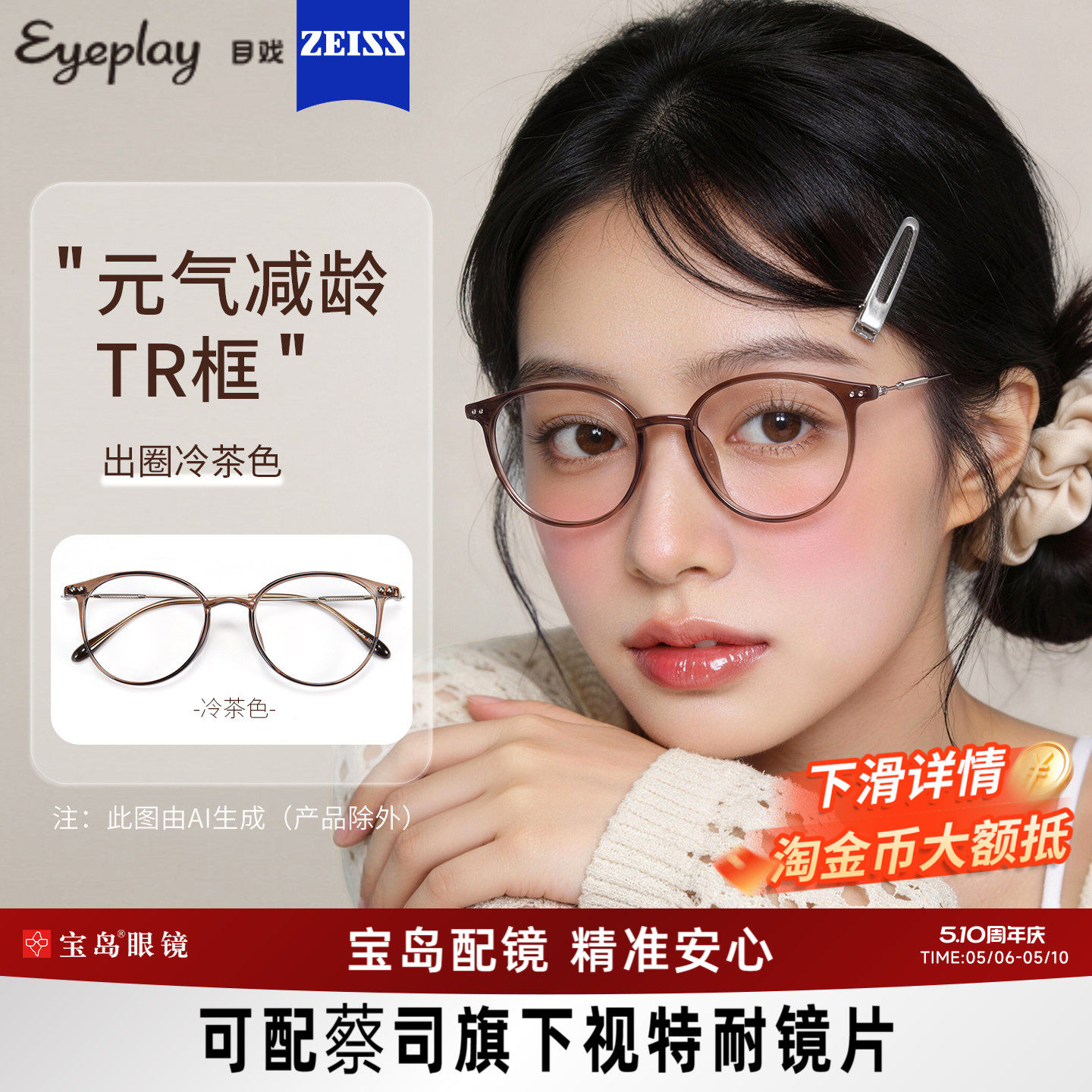 目戏冷茶色眼镜近视女可选防蓝光可配镜片度数眼镜框镜架圆框5007