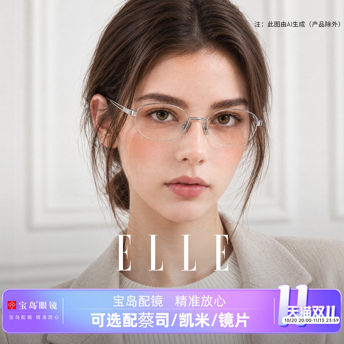 ELLE老钱风高智感金属半框眼镜女可配度数近视眼镜框女防蓝光7021
