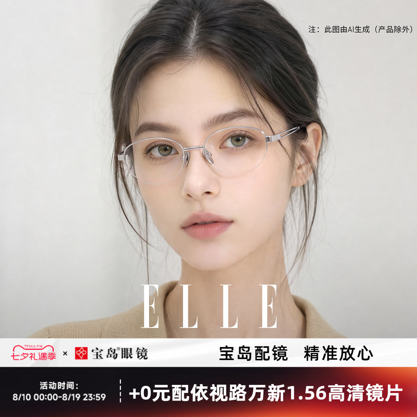 ELLE老钱风高智感金属半框眼镜女