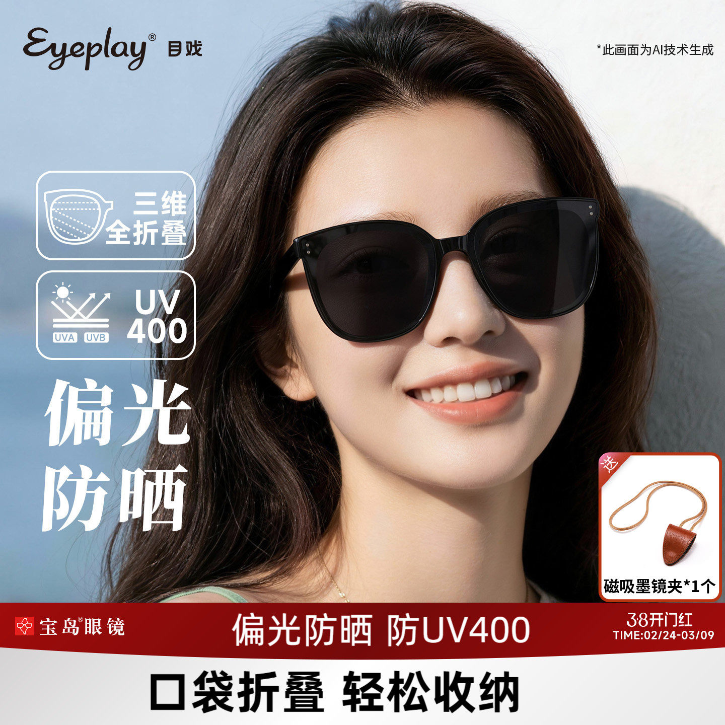 目戏折叠墨镜女高级感时尚防晒防紫外线太阳镜女款偏光太阳镜男士